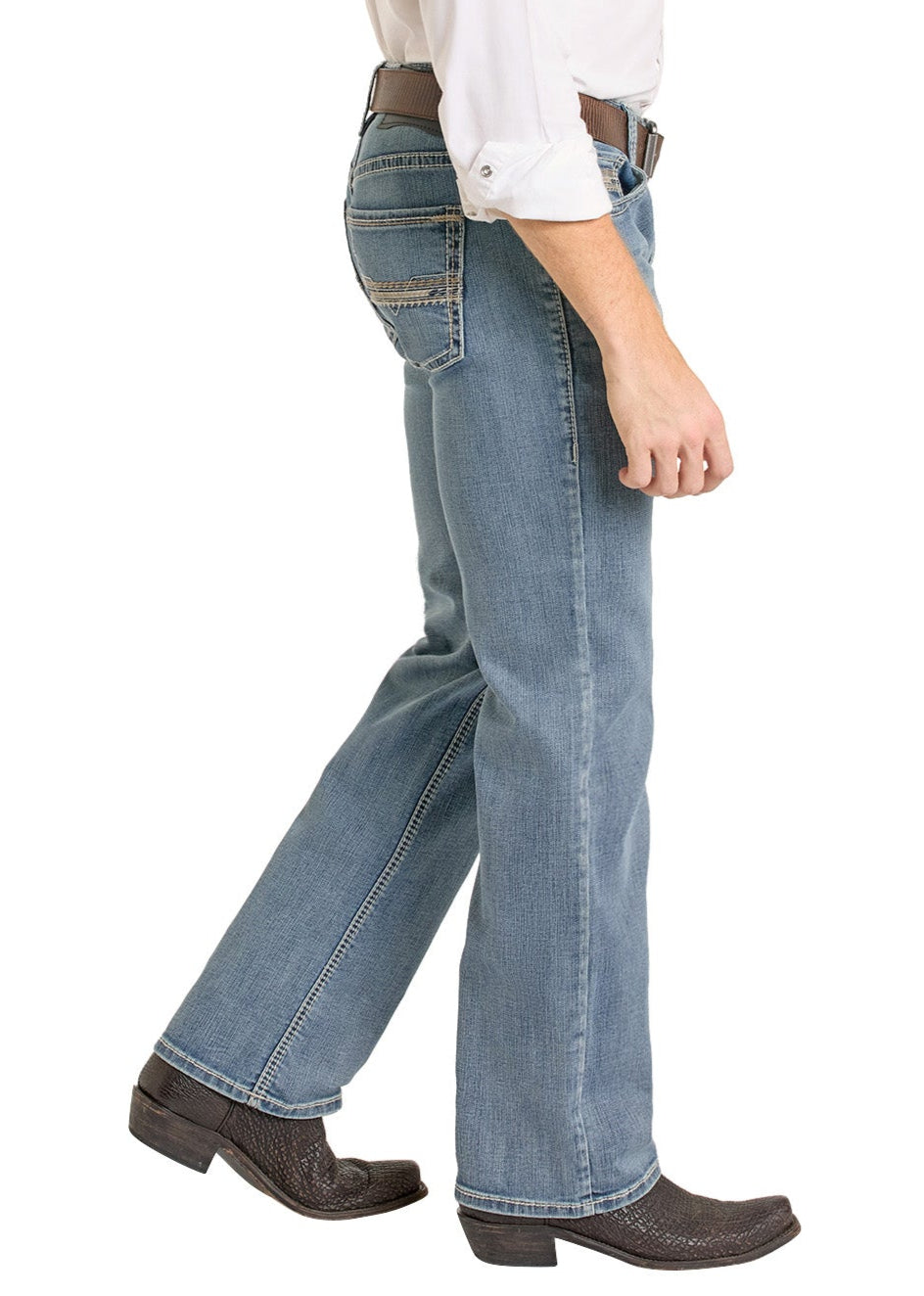 A person wearing Rock & Roll Denim’s Regular Fit Feather Embroidered Straight Leg Jeans in light blue, paired with a white shirt, brown belt, and dark cowboy boots, is walking sideways against a white background.