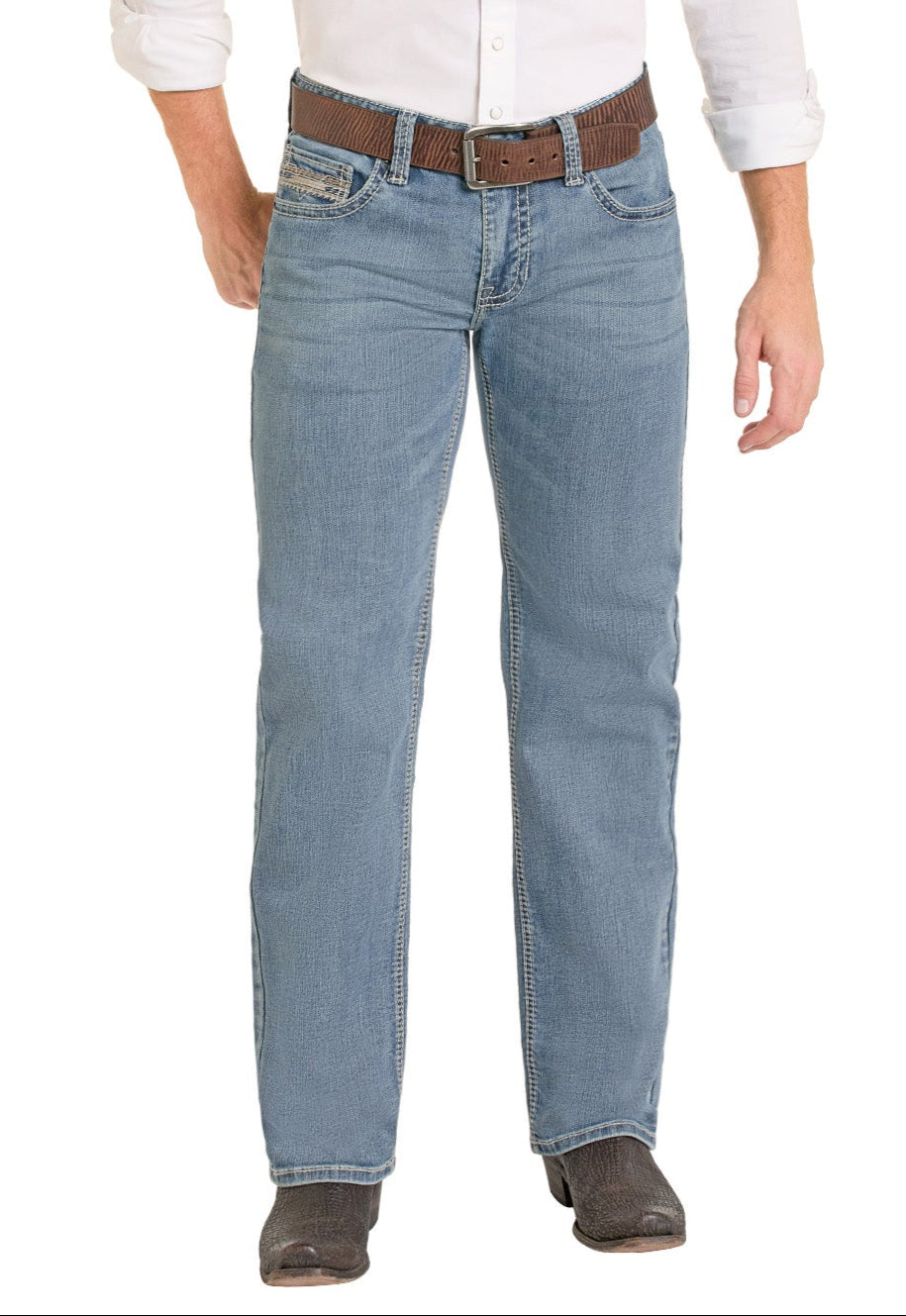 A person wears Rock & Roll Denim Regular Fit Feather Embroidered Straight Leg Jeans in light blue, a brown belt, white long-sleeve shirt, and gray boots, standing against a plain white background.