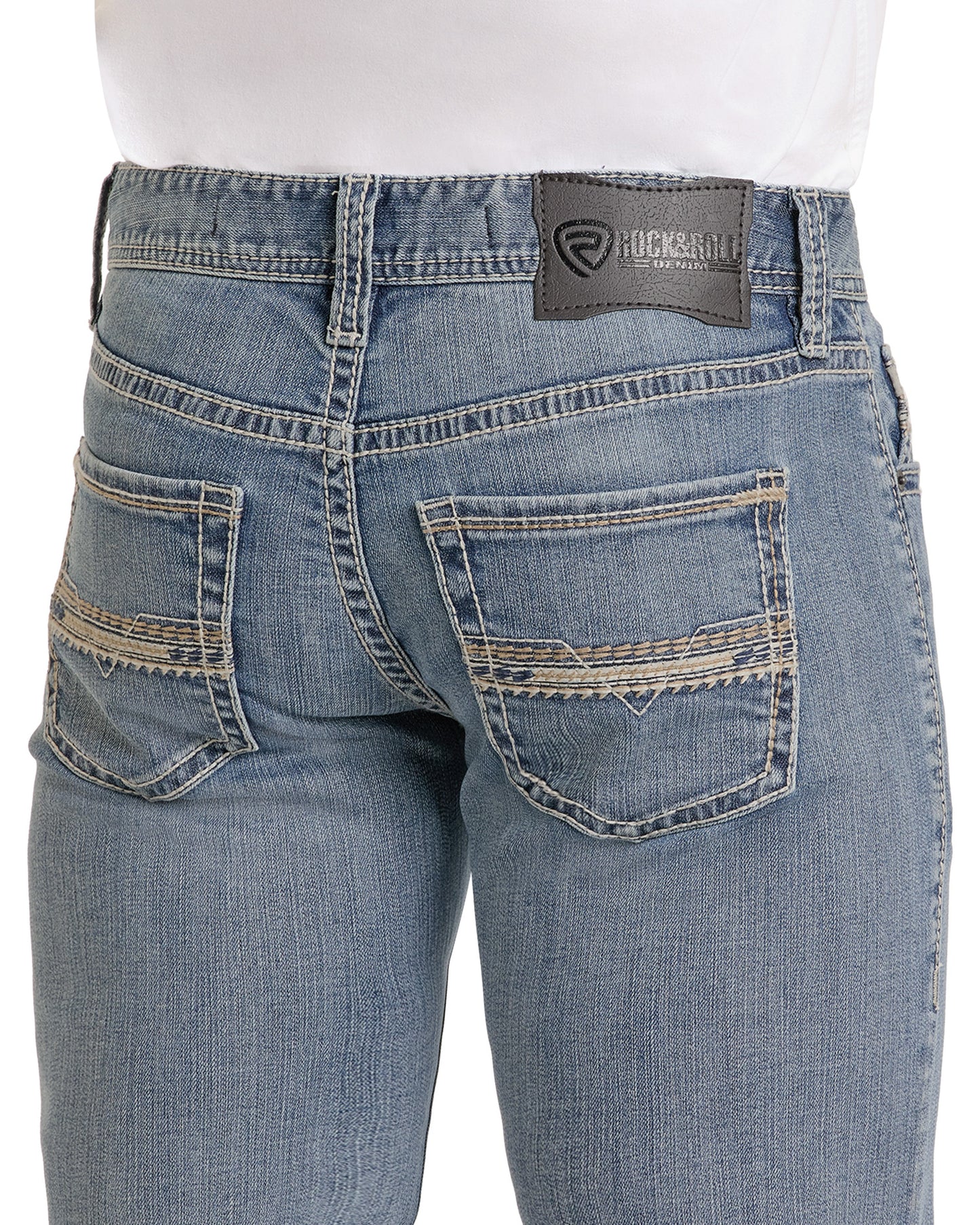 Back view of a person in Rock & Roll Denim Regular Fit Feather Embroidered Straight Leg Jeans, light blue, with decorative back pocket stitching and a black brand patch on the waistband.