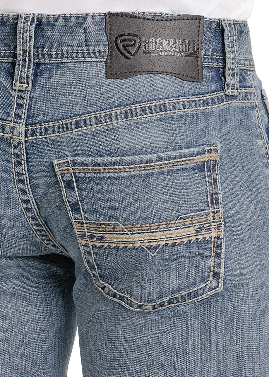 Back view of a person in Rock & Roll Denim Regular Fit Feather Embroidered Straight Leg Jeans, light blue, with decorative back pocket stitching and a black brand patch on the waistband.