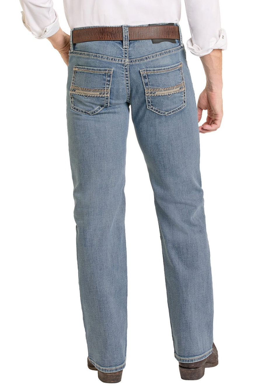 A person wearing Rock & Roll Denim Regular Fit Feather Embroidered Straight Leg Jeans, a brown belt, brown shoes, and a white long-sleeve shirt stands with their back to the camera.