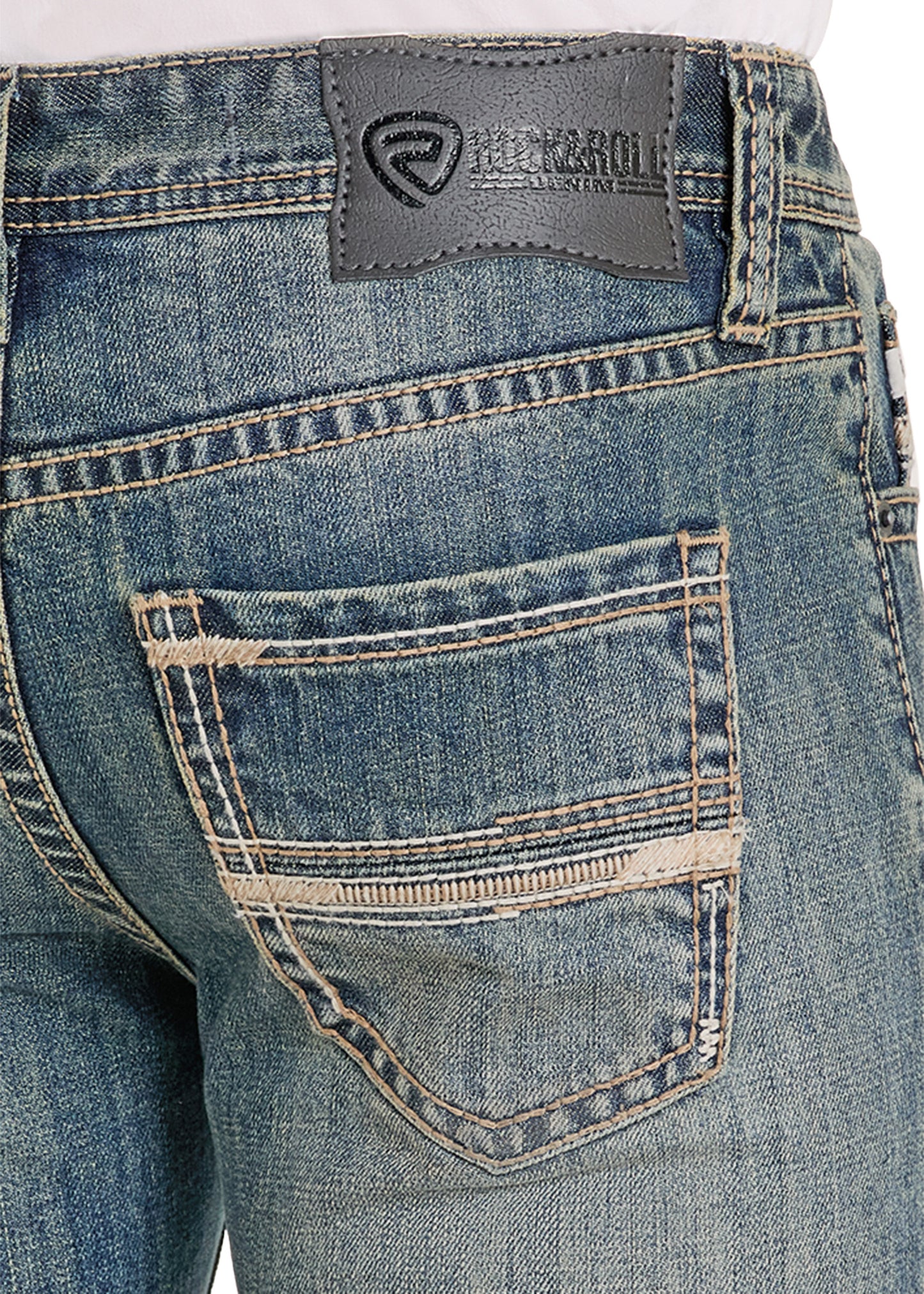 Close-up of blue jeans with a brand label on the back pocket.