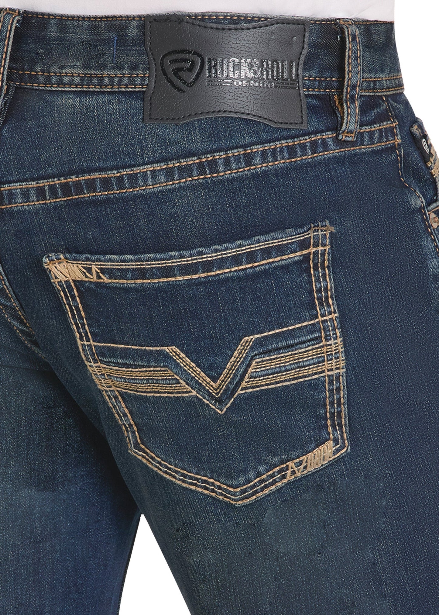 Close-up of blue jeans with a visible brand label on the back pocket.