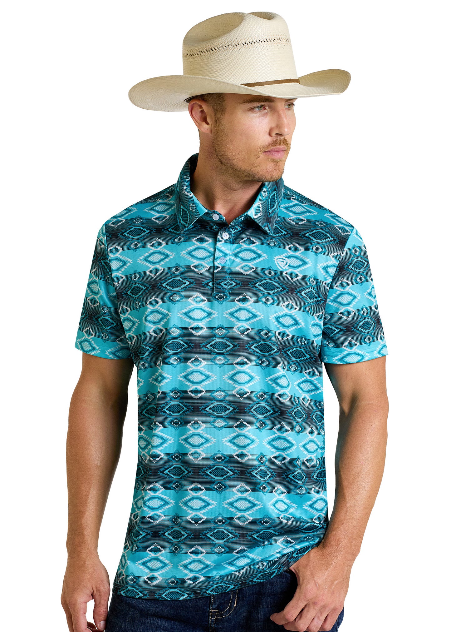 A man in a cream cowboy hat and a Rock & Roll Denim Aztec Vertical Striped Polo stands with one arm relaxed, gazing to the side.
