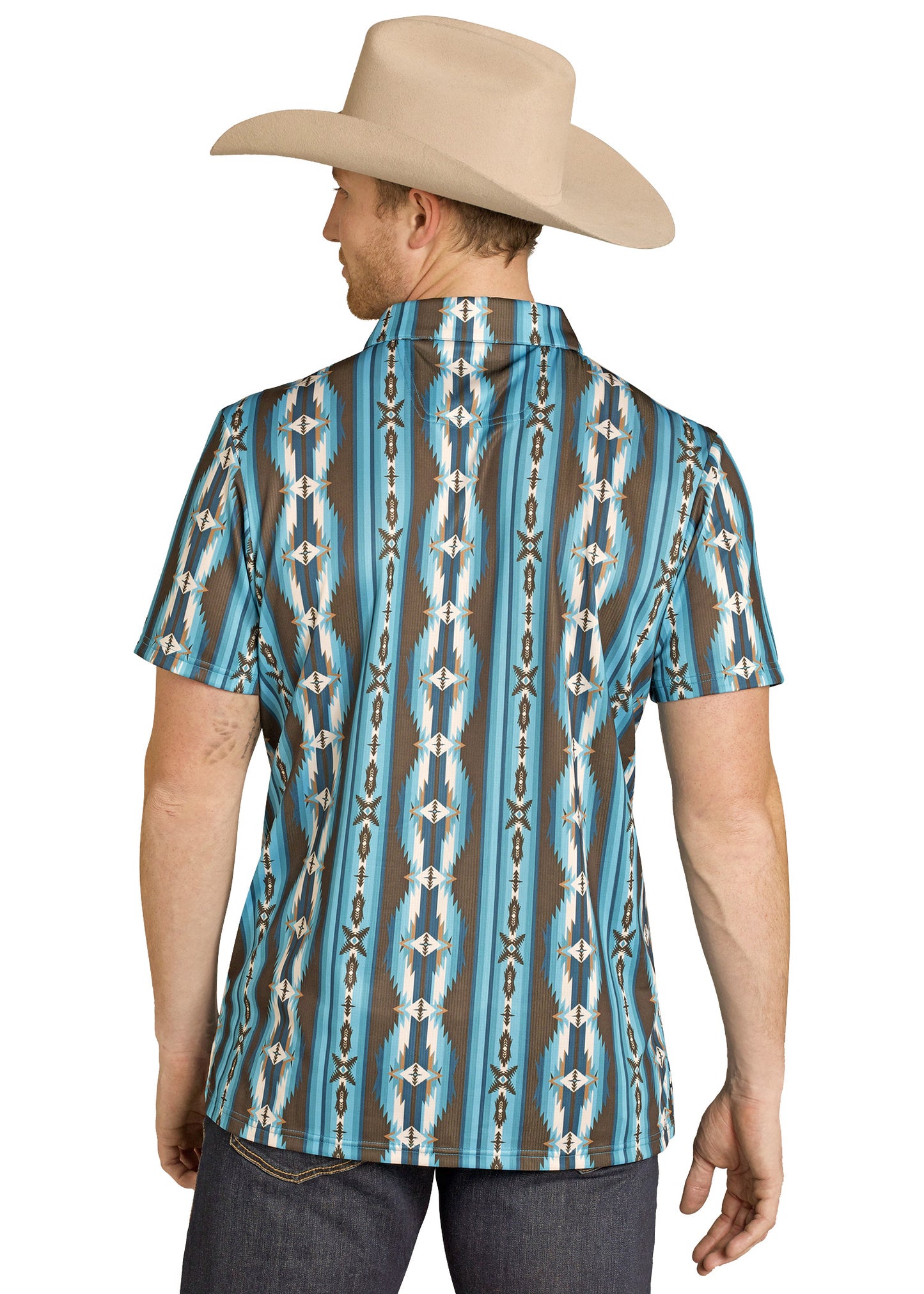 Man wearing a patterned shirt and cowboy hat on a white background