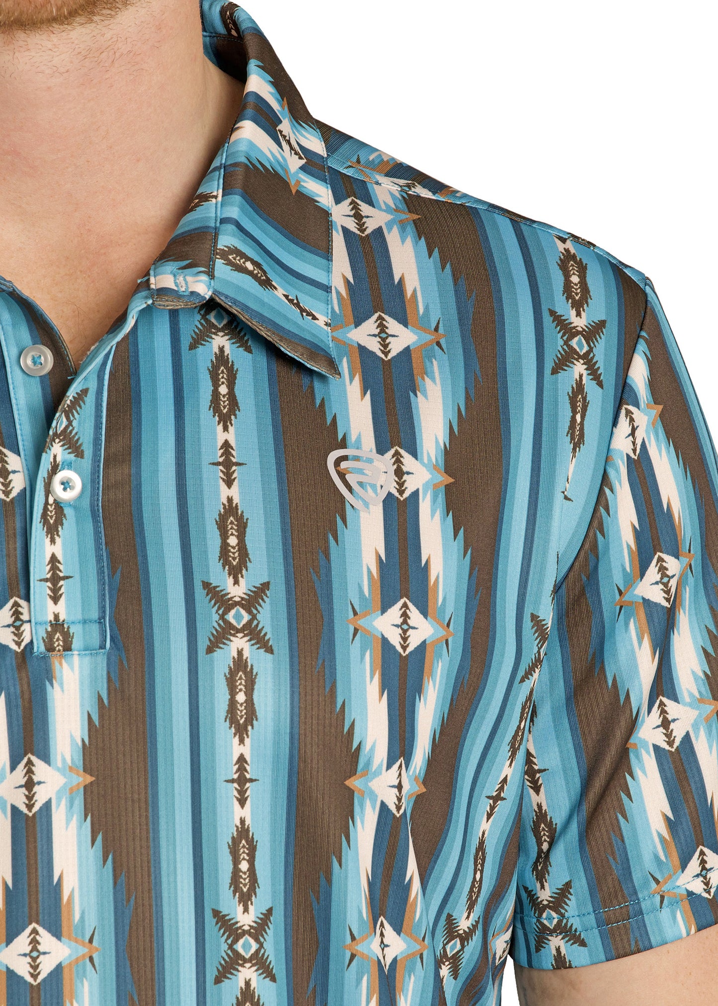 Close-up of a patterned shirt with blue, brown, and white design.