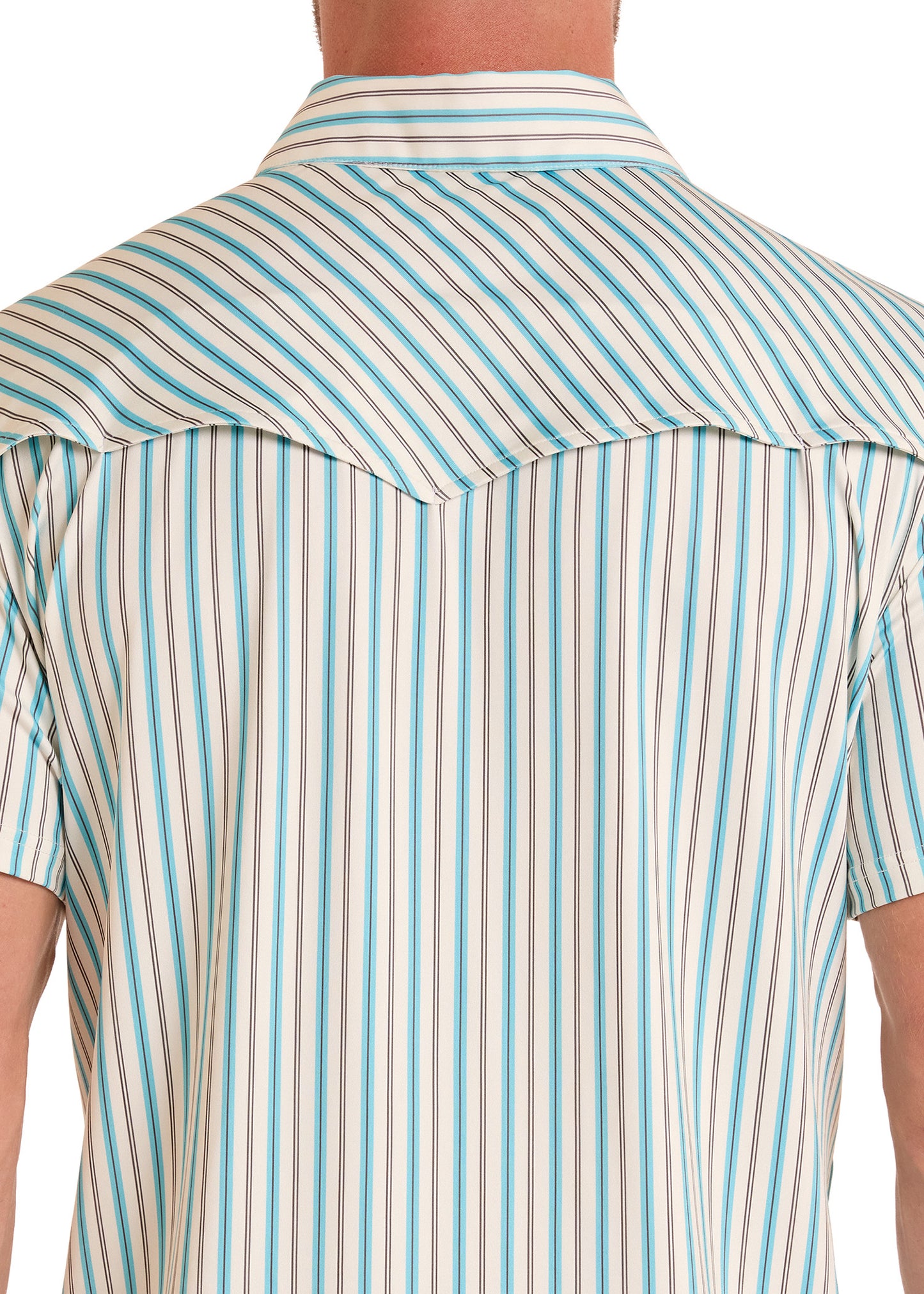 Close-up of a person wearing a striped shirt with blue and beige vertical stripes.