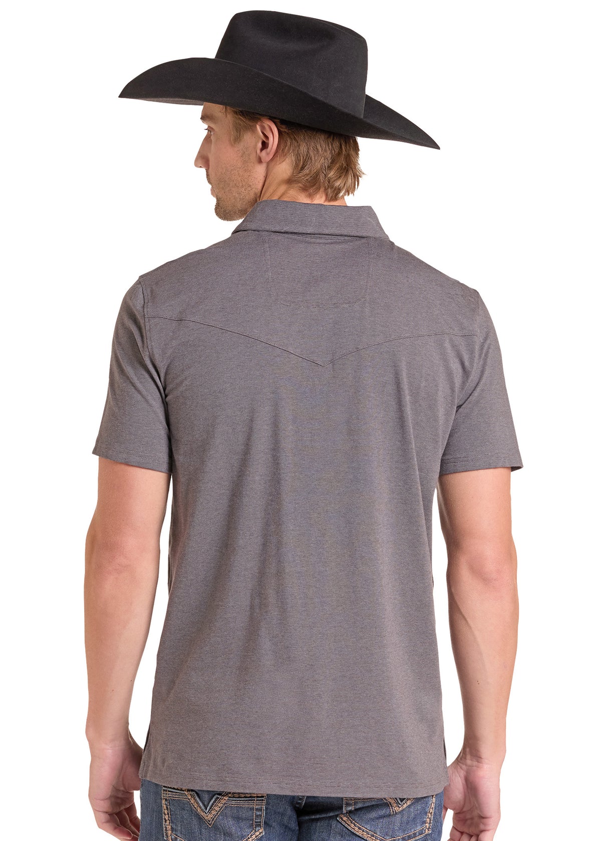 A man shown from the back wearing a dark gray heathered short-sleeve polo shirt with a western-style chest cutout, paired with a black cowboy hat and blue jeans, against a plain white background.