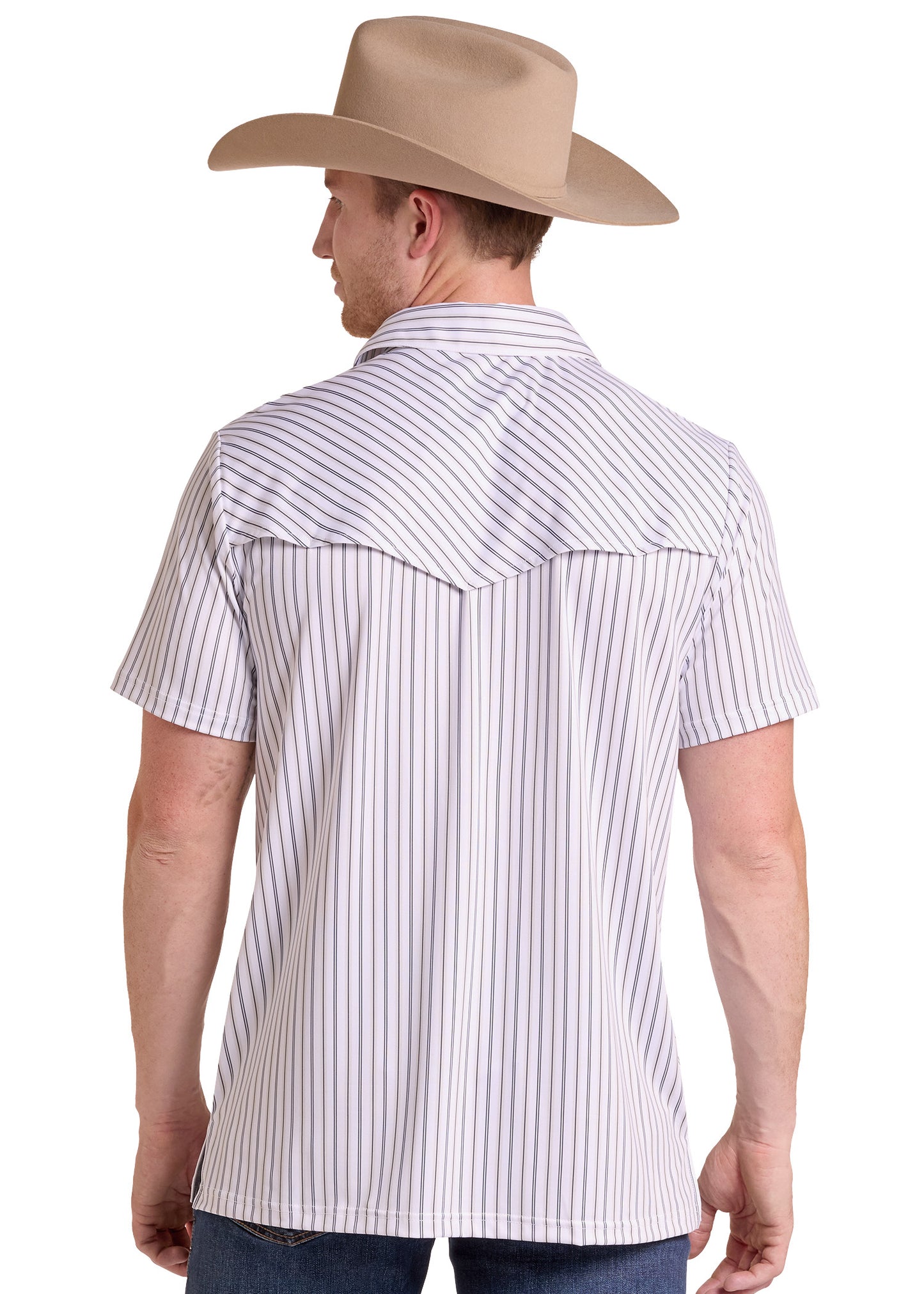 A man shown from the back wearing a short-sleeve western-style button-up shirt with thin vertical blue and white stripes, paired with a tan cowboy hat and dark jeans, against a plain white background.