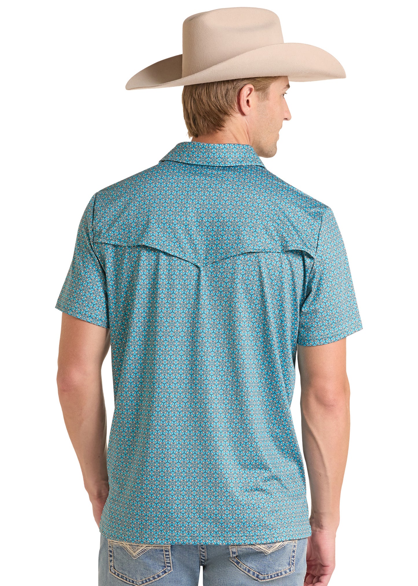 A man wearing a light beige cowboy hat and a teal short-sleeve western shirt with a geometric pattern, shown from the back against a white background.