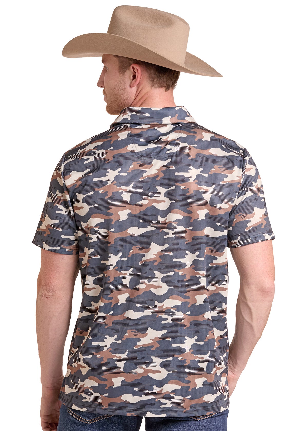 A man shown from the back wearing a short-sleeve button-up shirt with a blue, brown, and beige camouflage pattern, paired with a tan cowboy hat and blue jeans, against a plain white background.