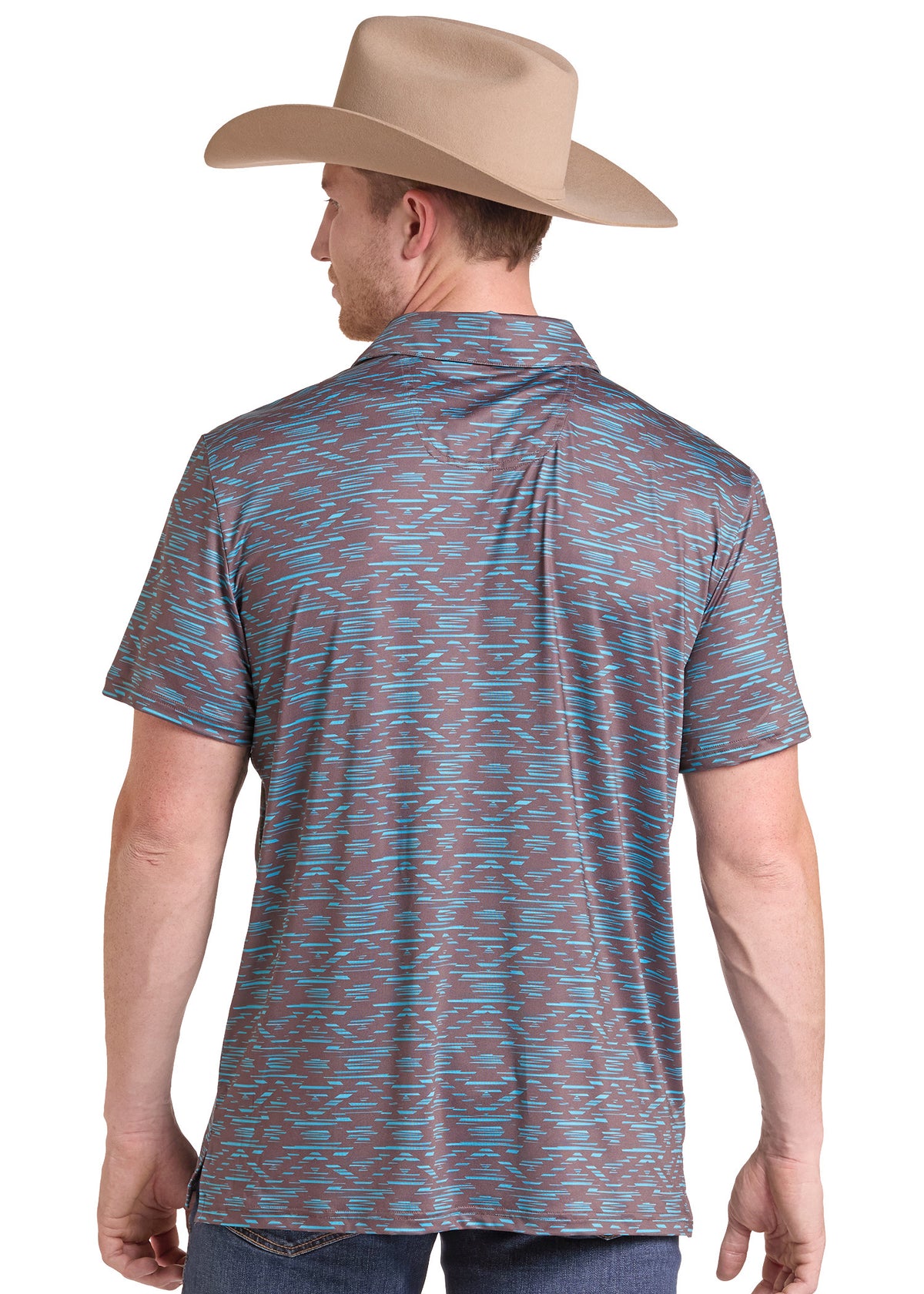 A man wearing a tan cowboy hat and a short-sleeve collared shirt with a blue, teal, and brown abstract pattern, shown from the back against a white background.