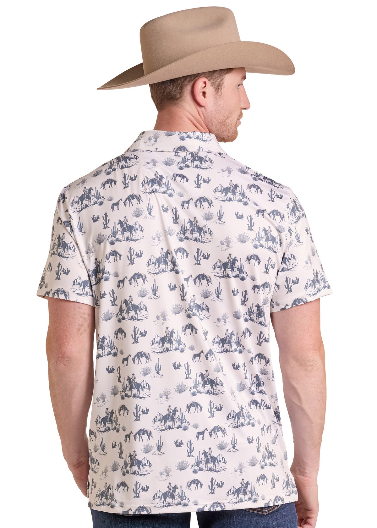 A man wearing a tan cowboy hat and a short-sleeve button-up shirt with a blue and gray cactus and horse pattern, shown from the back against a white background.