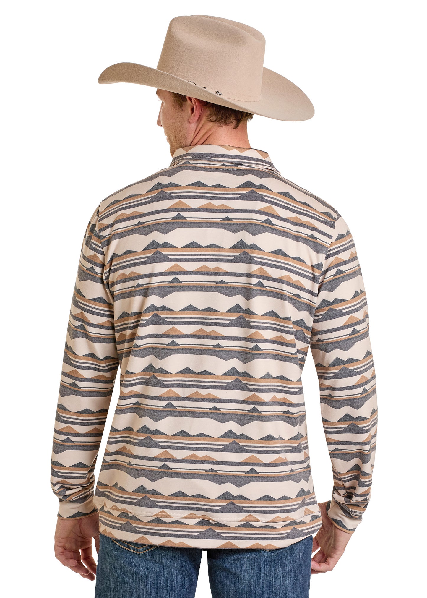 Man wearing a patterned long-sleeve shirt and cowboy hat on a white background