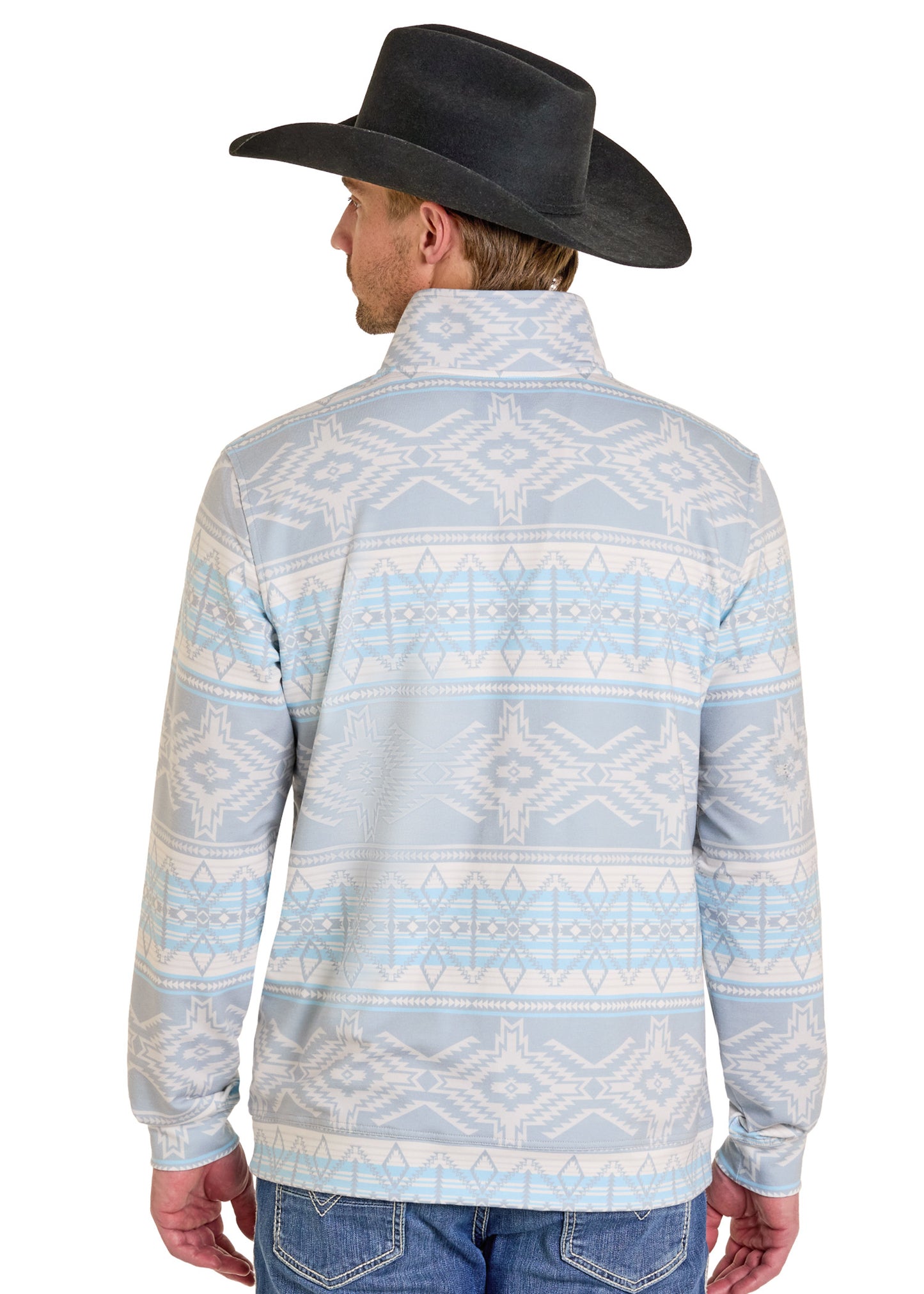 Man wearing a patterned shirt and cowboy hat on a white background