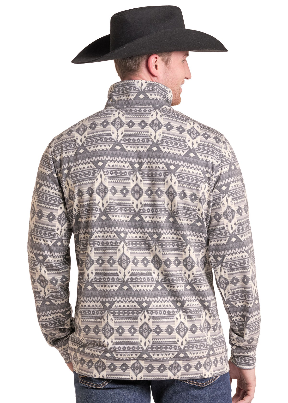 A man wearing a black cowboy hat and a gray and cream geometric patterned quarter-zip fleece jacket, shown from the back against a white background.