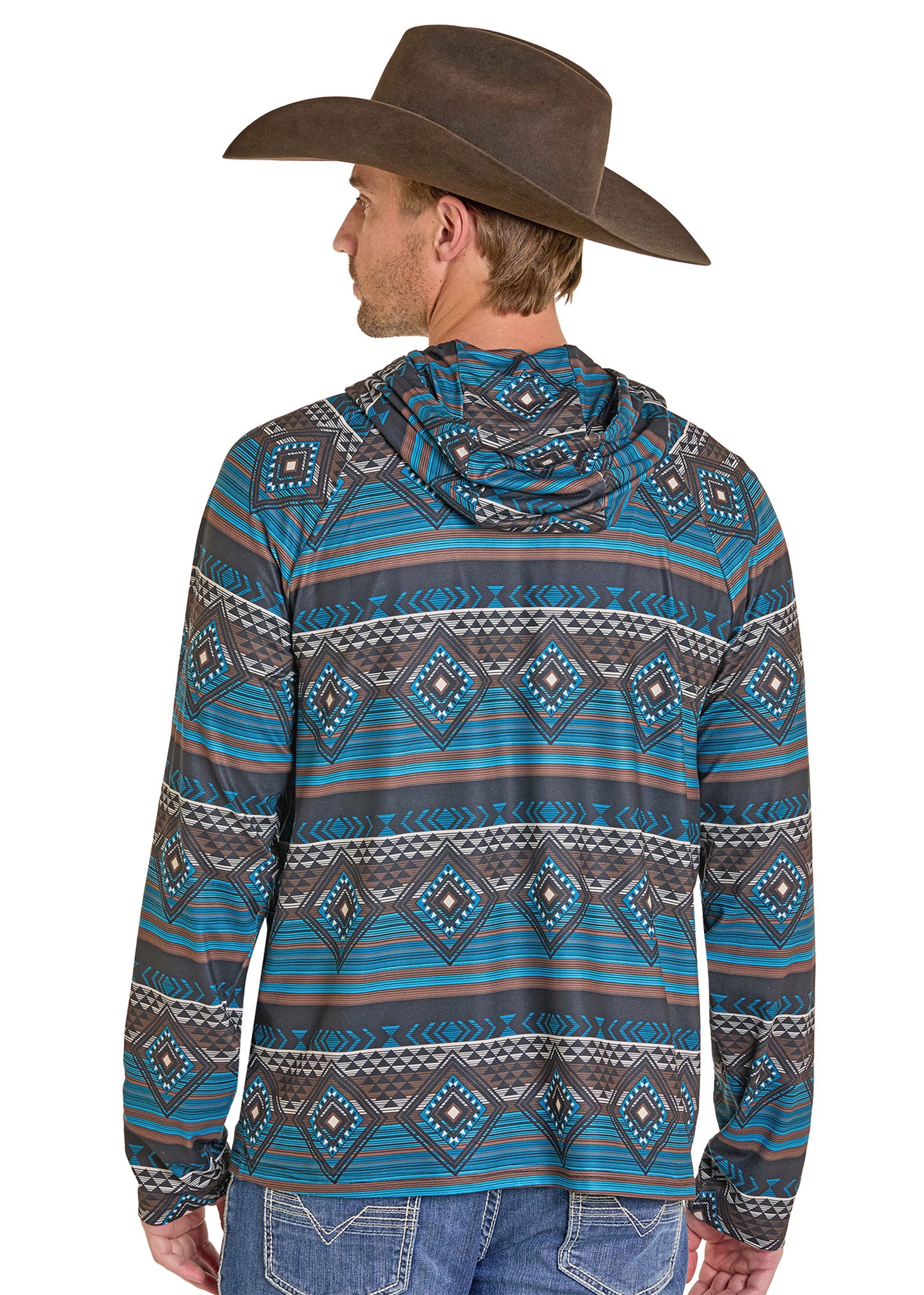 Man wearing a patterned hoodie and cowboy hat on a white background