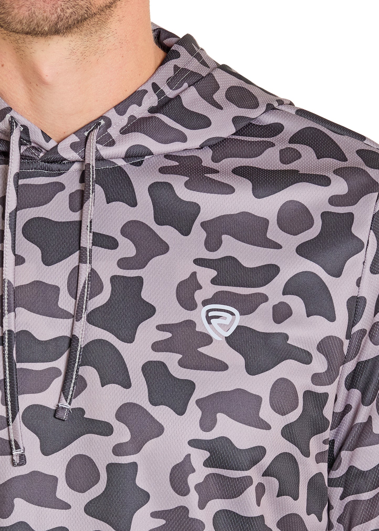 Close-up of a camouflage-patterned hoodie with a brand logo on a white background