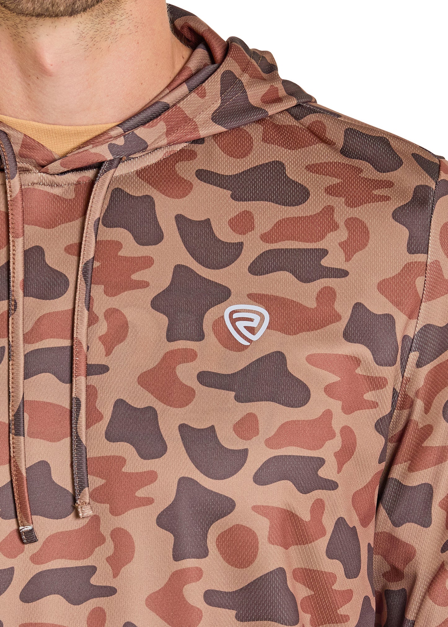 Camouflage hoodie with a brand logo on a white background