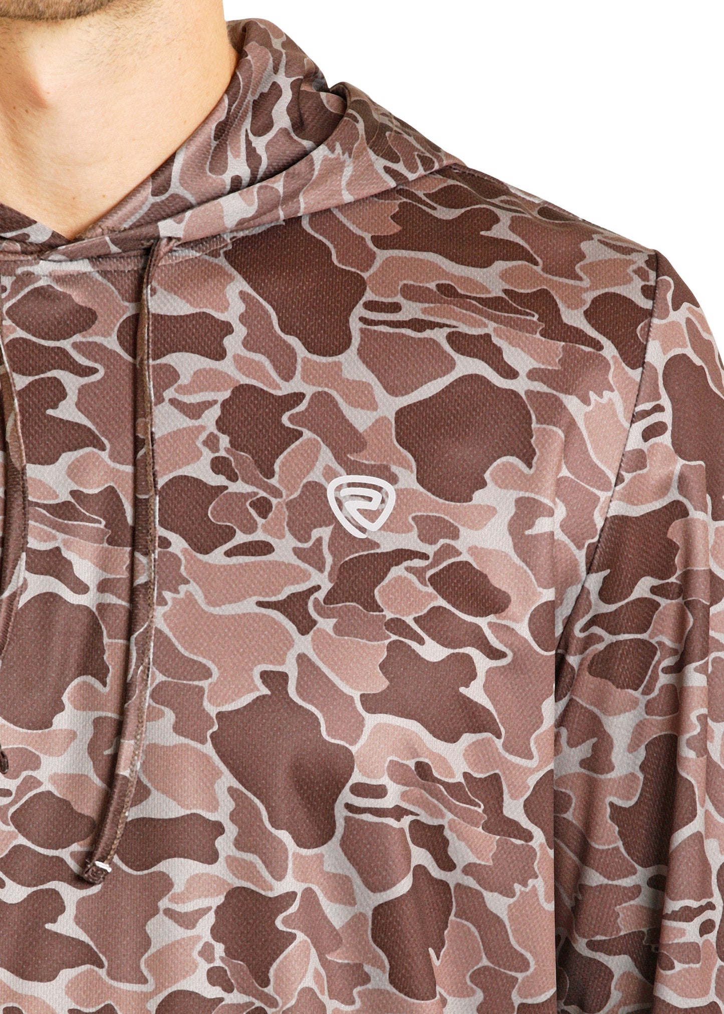 Camouflage-patterned hoodie with a brand logo on a white background