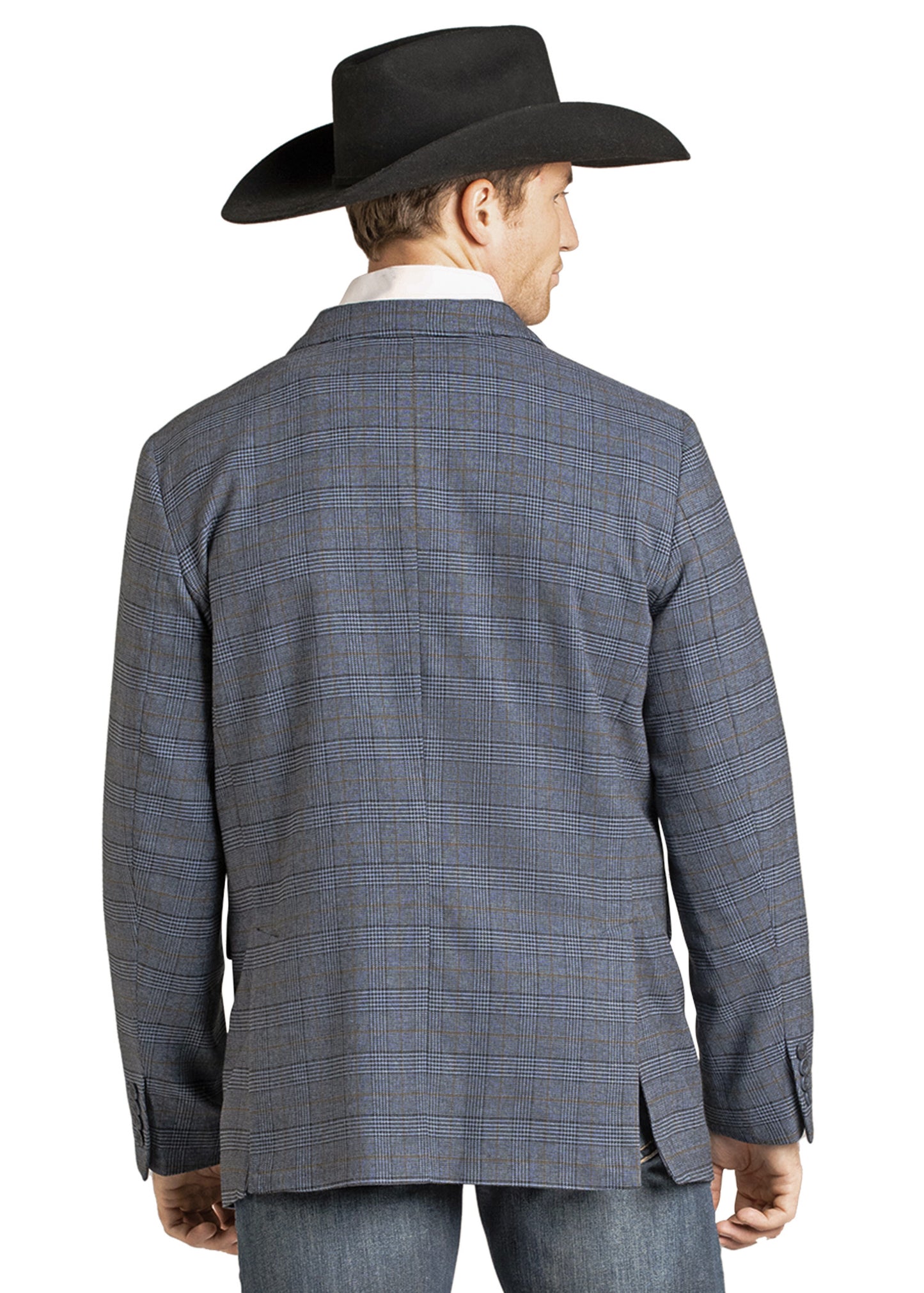 A man in a black cowboy hat, jeans, and a Rock & Roll Denim Blue Plaid Sport Coat stands with his back to the camera against a white background.