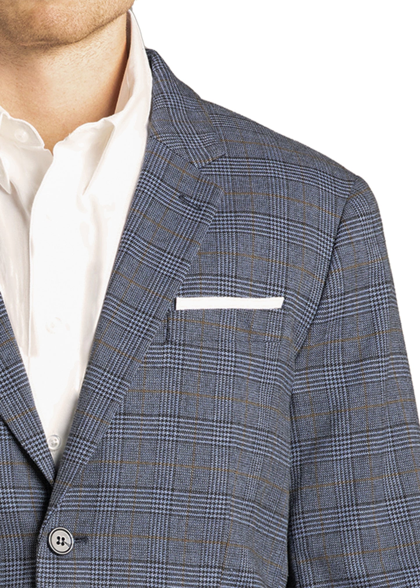 A close-up shows a person wearing the Rock & Roll Denim Blue Plaid Sport Coat over a white dress shirt, featuring a white pocket square in the breast pocket. Only part of their face and upper body is visible.