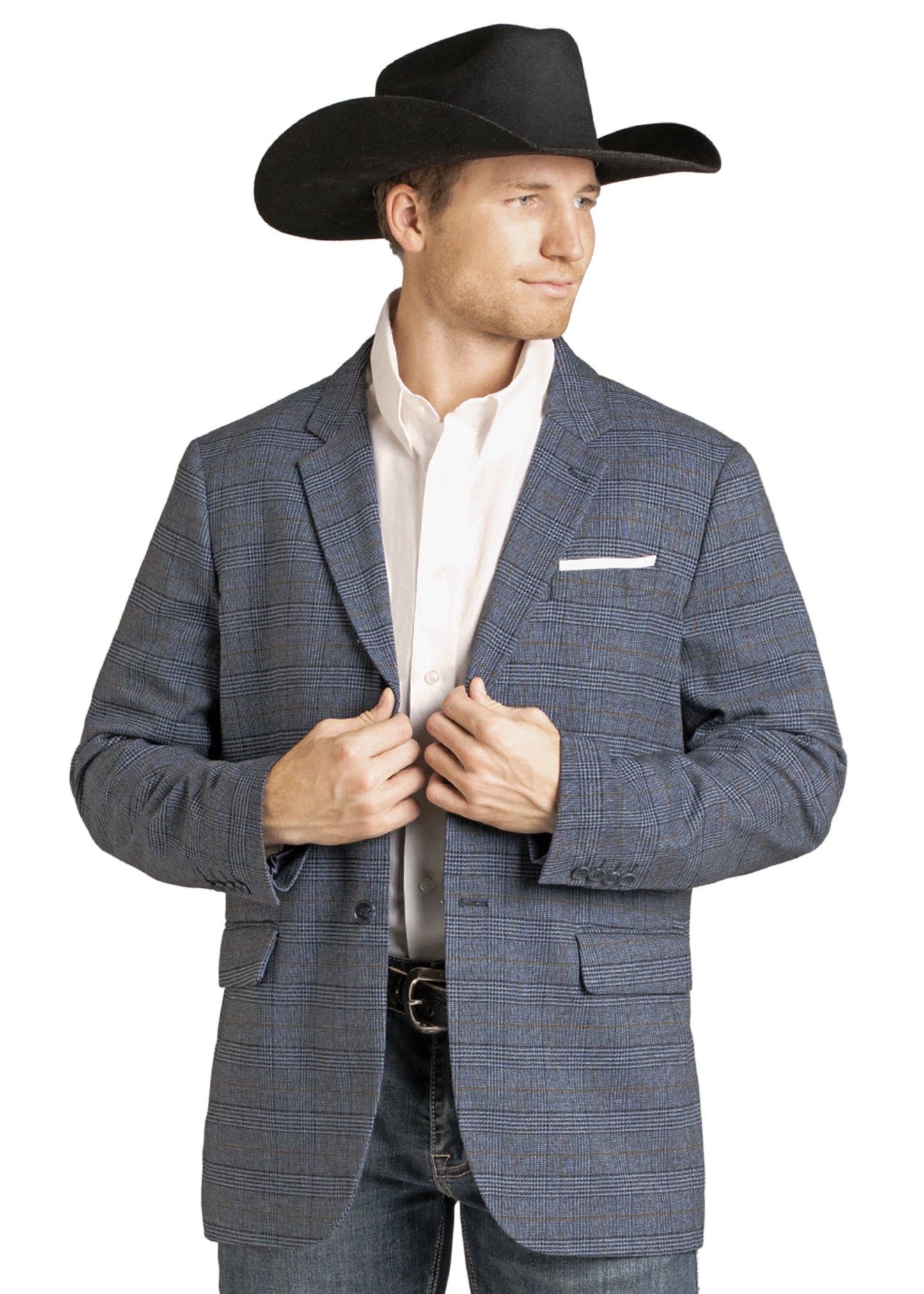 A man in a black cowboy hat, white dress shirt, and jeans adjusts his Rock & Roll Denim Blue Plaid Sport Coat, standing slightly to the side and showcasing a classic look with his belt and stylish sport coat.