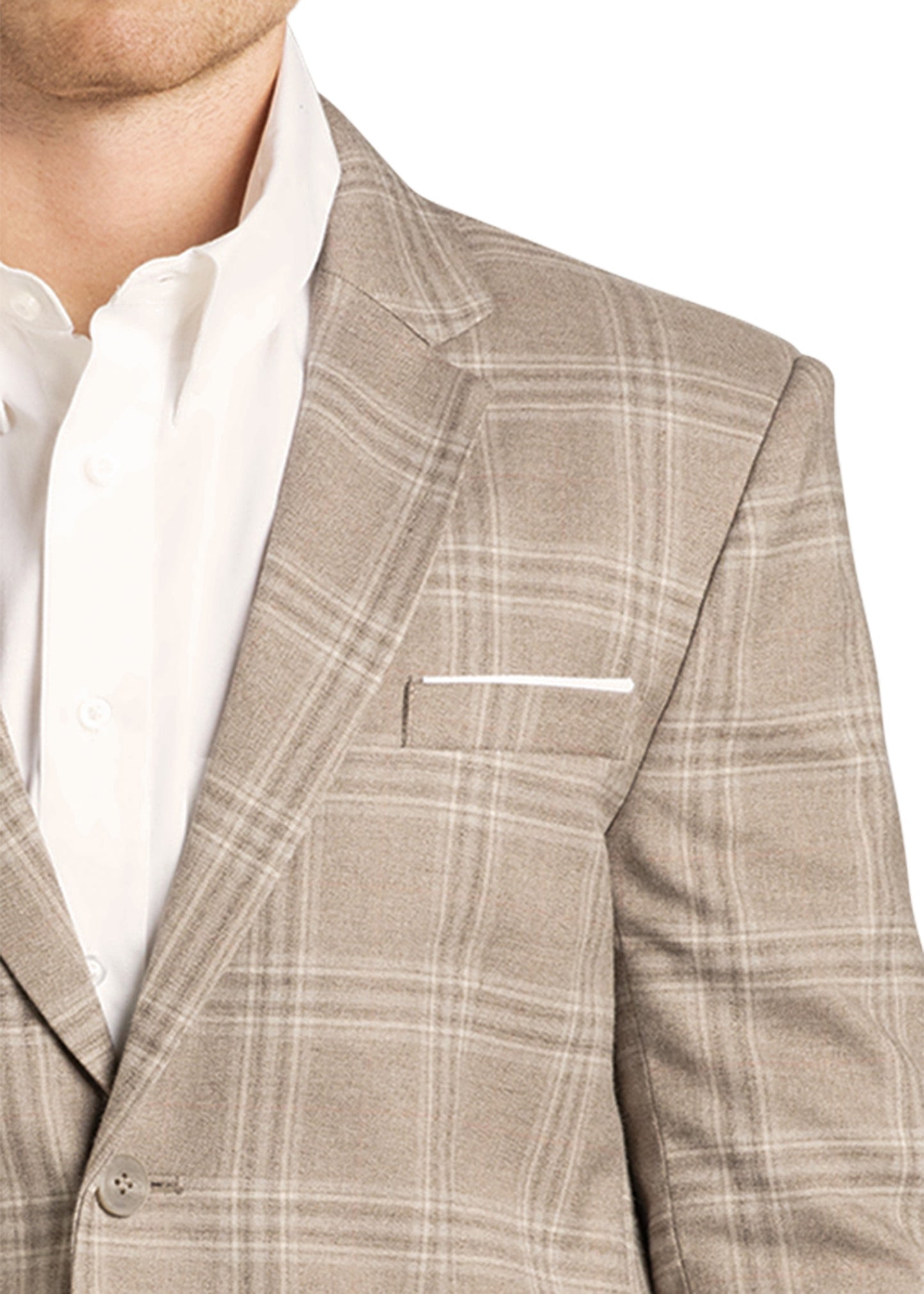 A close-up view of a person wearing the Rock & Roll Denim Tan Plaid Sport Coat over a white dress shirt, accented with a white pocket square. The image highlights the coat’s plaid print and tailored design.