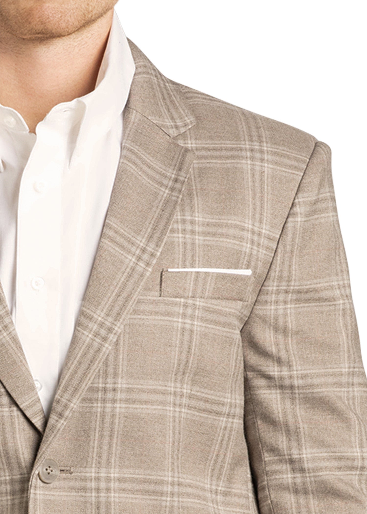 A close-up view of a person wearing the Rock & Roll Denim Tan Plaid Sport Coat over a white dress shirt, accented with a white pocket square. The image highlights the coat’s plaid print and tailored design.