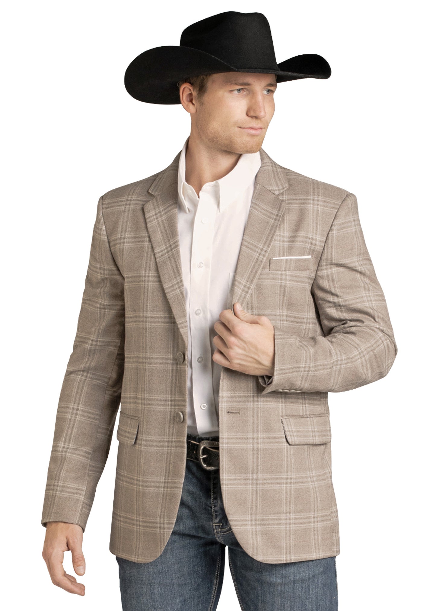 A man stands confidently, adjusting his Tan Plaid Sport Coat by Rock & Roll Denim, paired with a black cowboy hat, white dress shirt, blue jeans, and a belt.