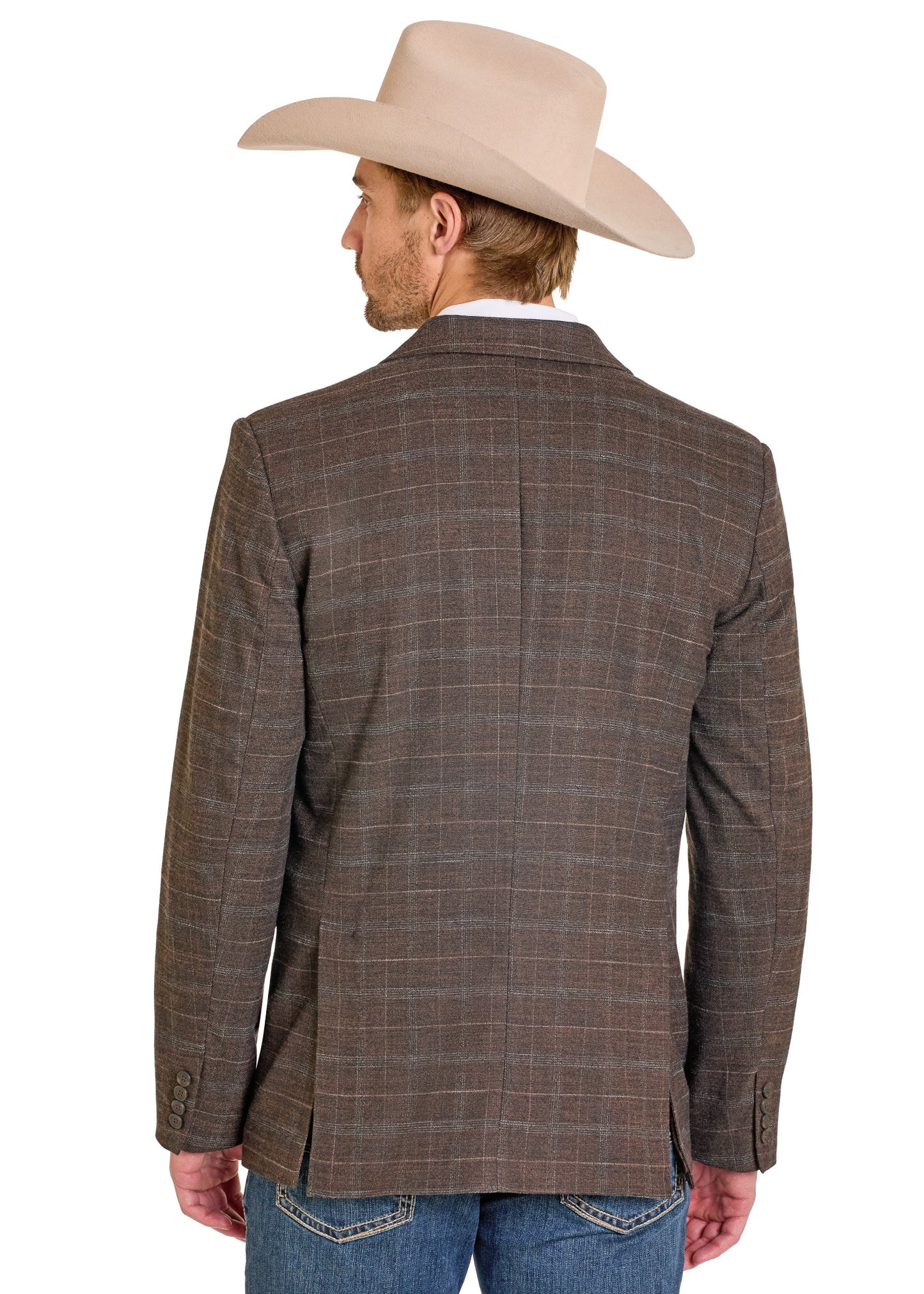 Man wearing a brown plaid blazer and beige cowboy hat on a white background