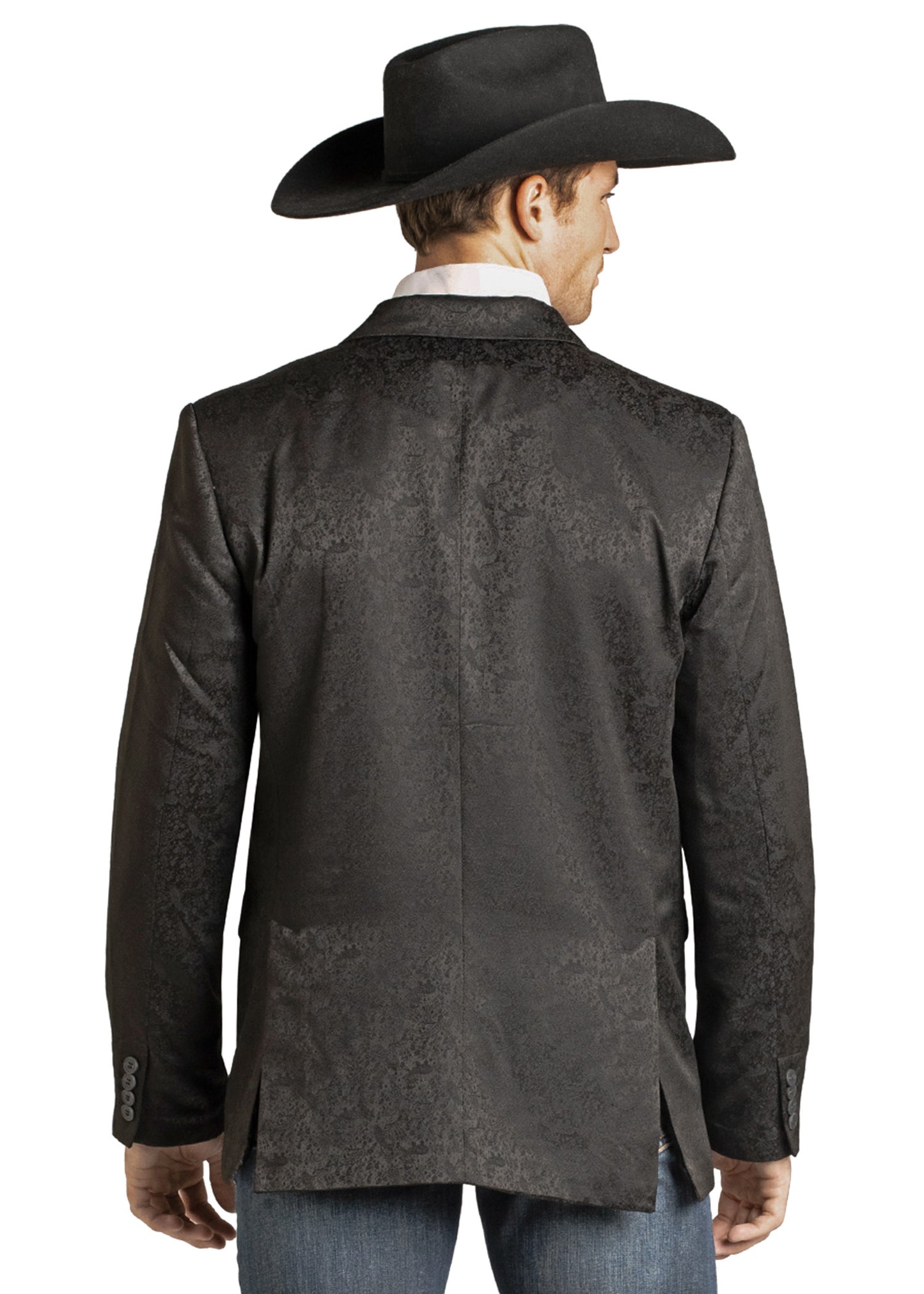 A man seen from behind wears a black cowboy hat, blue jeans, and a Rock & Roll Denim Black Paisley Jacquard Sport Coat against a plain white background.