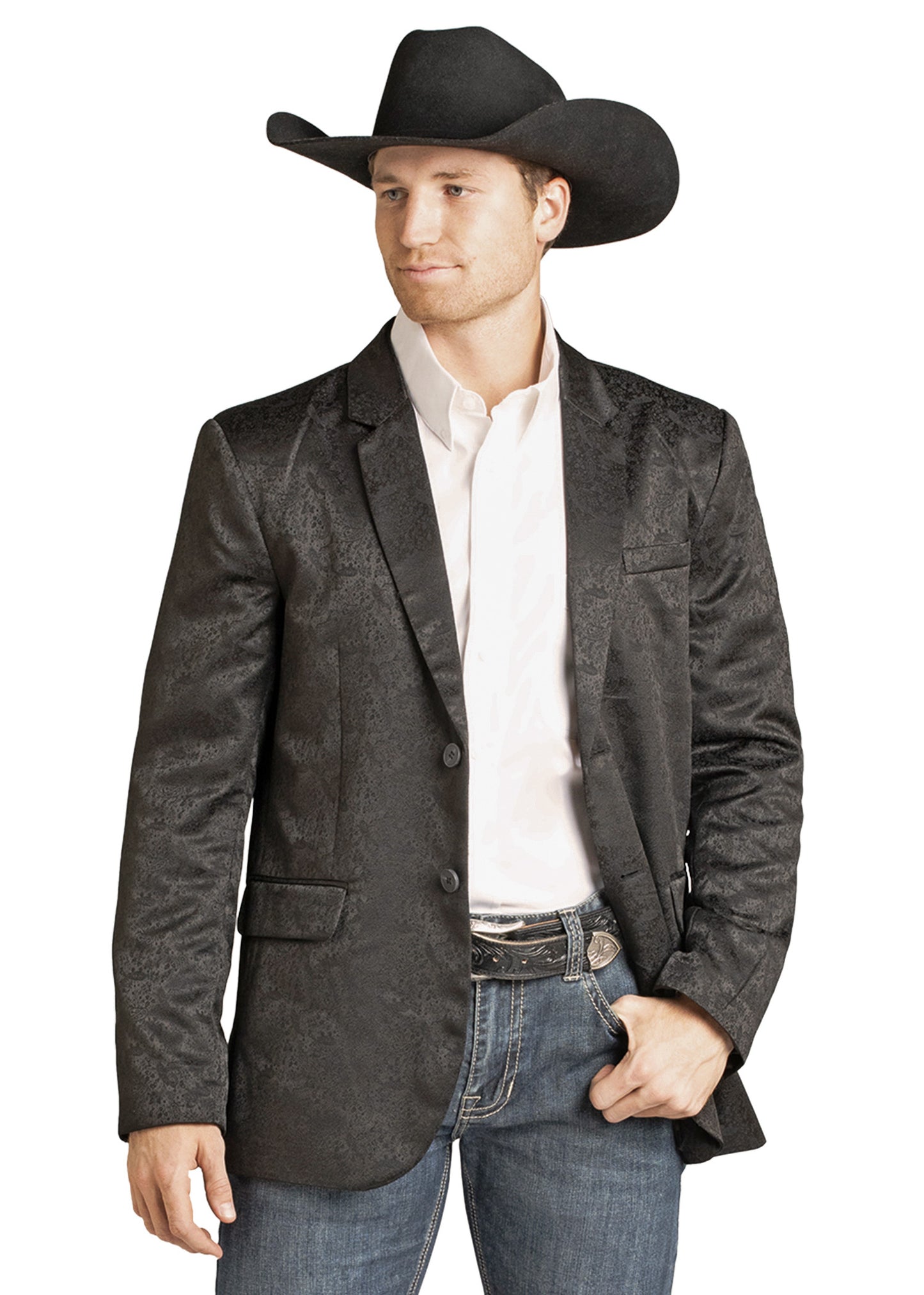 Man wearing a Rock & Roll Denim Black Paisley Jacquard Sport Coat, black cowboy hat, white shirt, blue jeans with a large belt buckle, standing with one hand in his pocket and looking to the side against a white background.