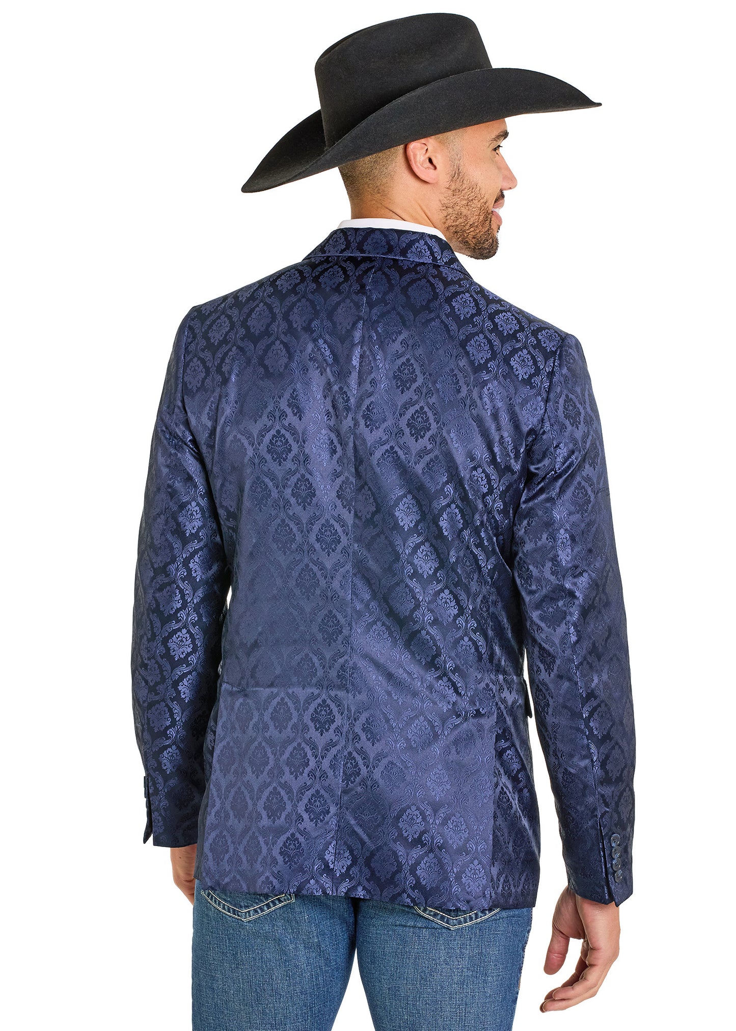 Man wearing a blue patterned shirt and black cowboy hat on a white background