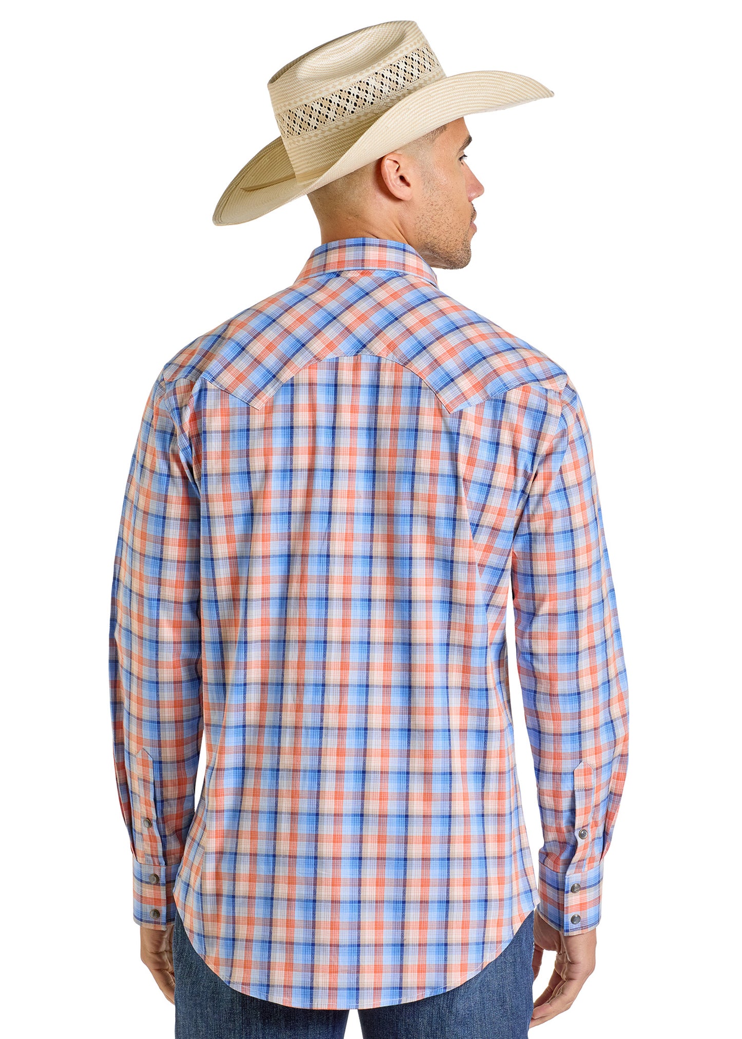 A man, shown from the back against a white background, wears a straw cowboy hat, blue jeans, and a Rock & Roll Denim Slim Fit Dobby Plaid Long Sleeve Snap Shirt - S.