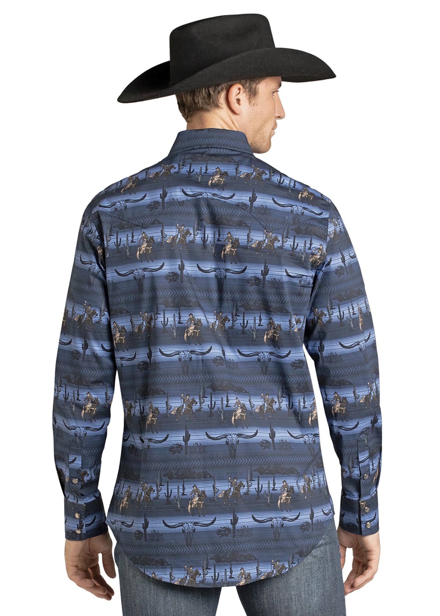 A man in a black cowboy hat, blue jeans, and the Rock & Roll Denim Slim Fit Longhorn Cowboy Long Sleeve Snap Shirt stands facing away from the camera, highlighting classic men's western style.