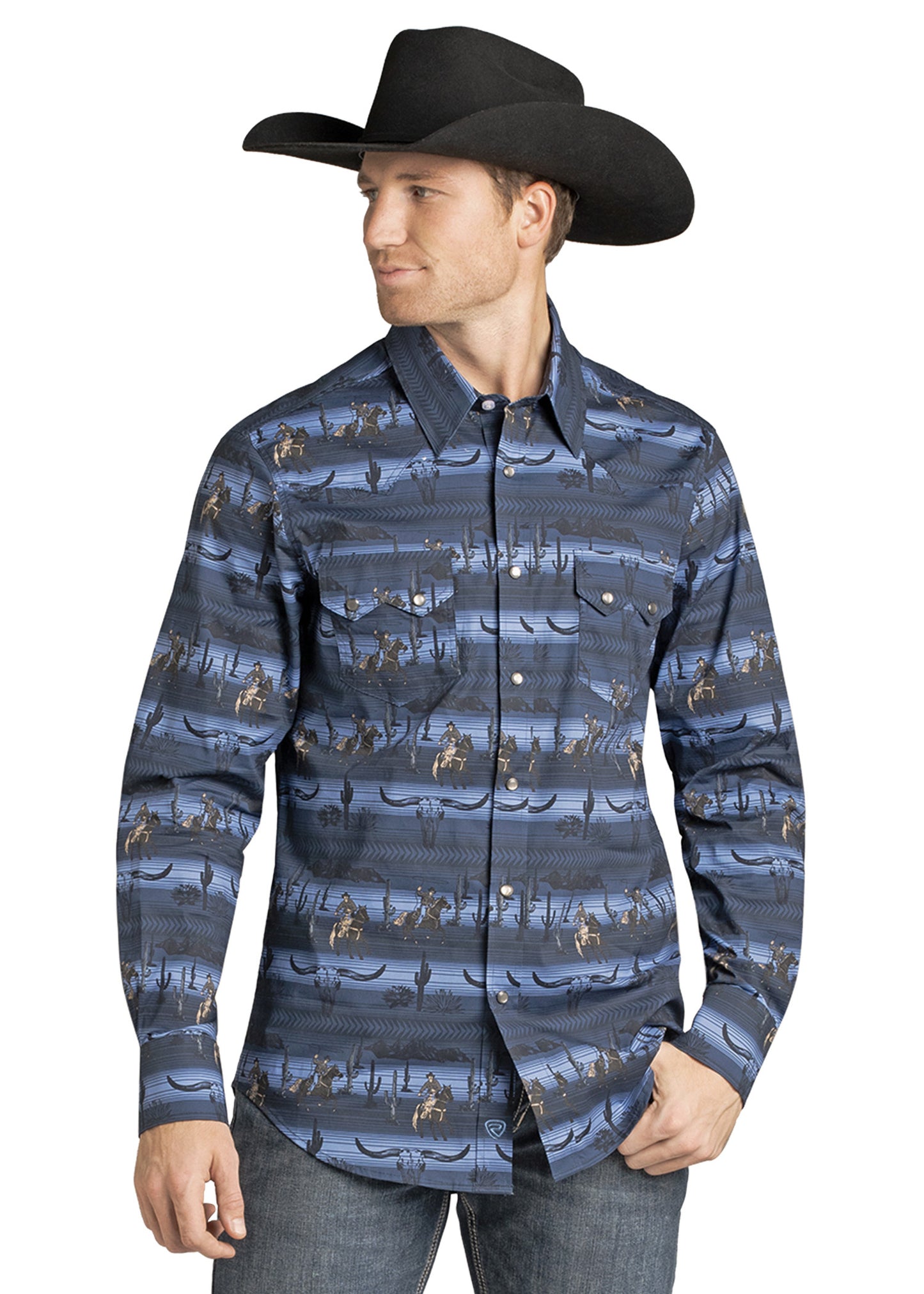 A man models the Rock & Roll Denim Slim Fit Longhorn Cowboy Long Sleeve Snap Shirt, paired with jeans and a black cowboy hat, facing to the side with a slight smile—highlighting classic Western style with modern appeal.