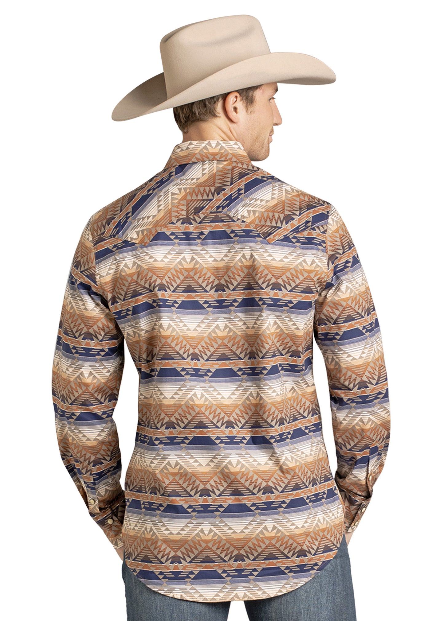 A person wearing a beige cowboy hat and the Rock & Roll Denim Slim Fit Tan and Blue Striped Aztec Long Sleeve Snap Shirt stands facing away from the camera against a white background.