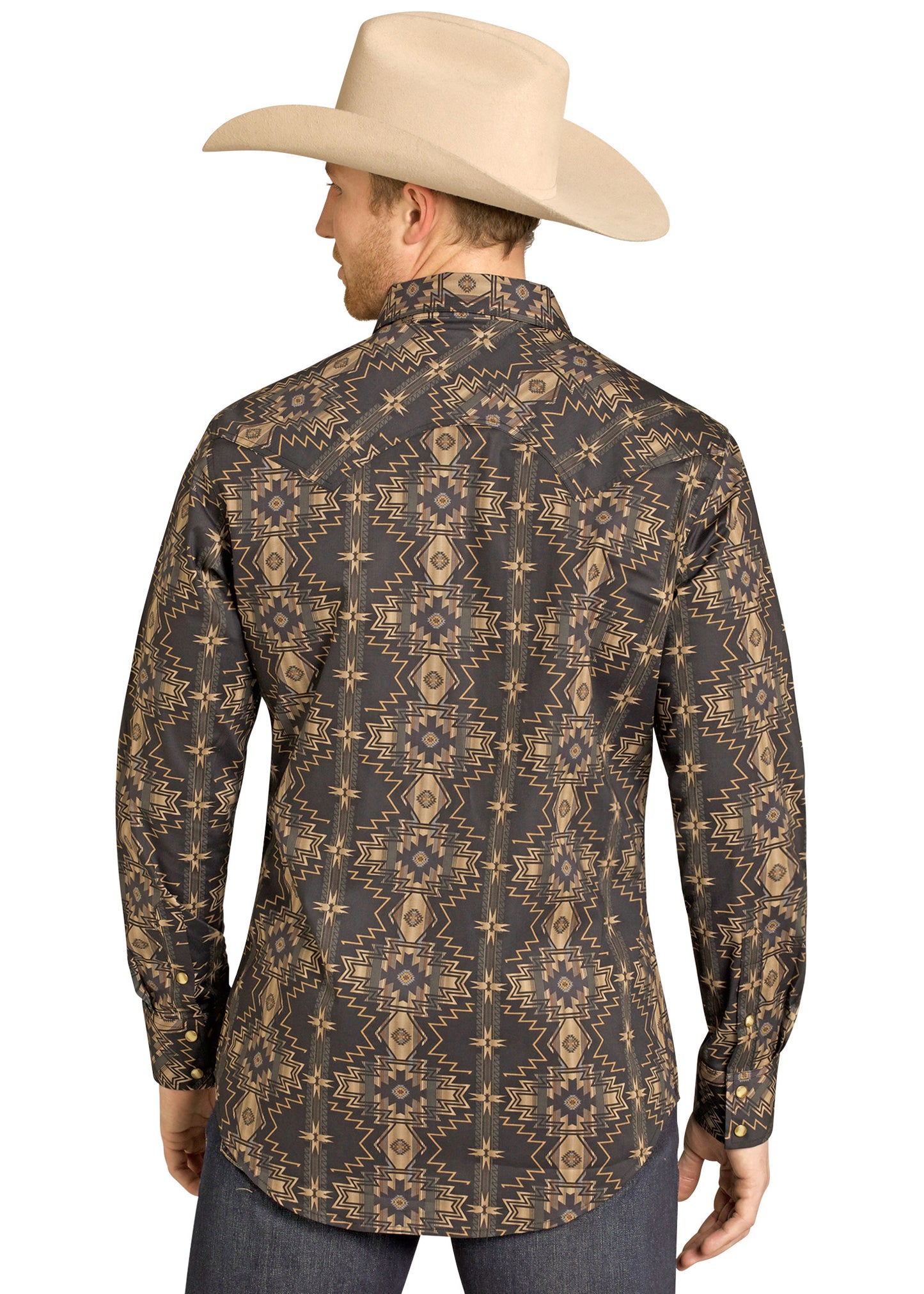 Man wearing a patterned shirt and cowboy hat on a white background