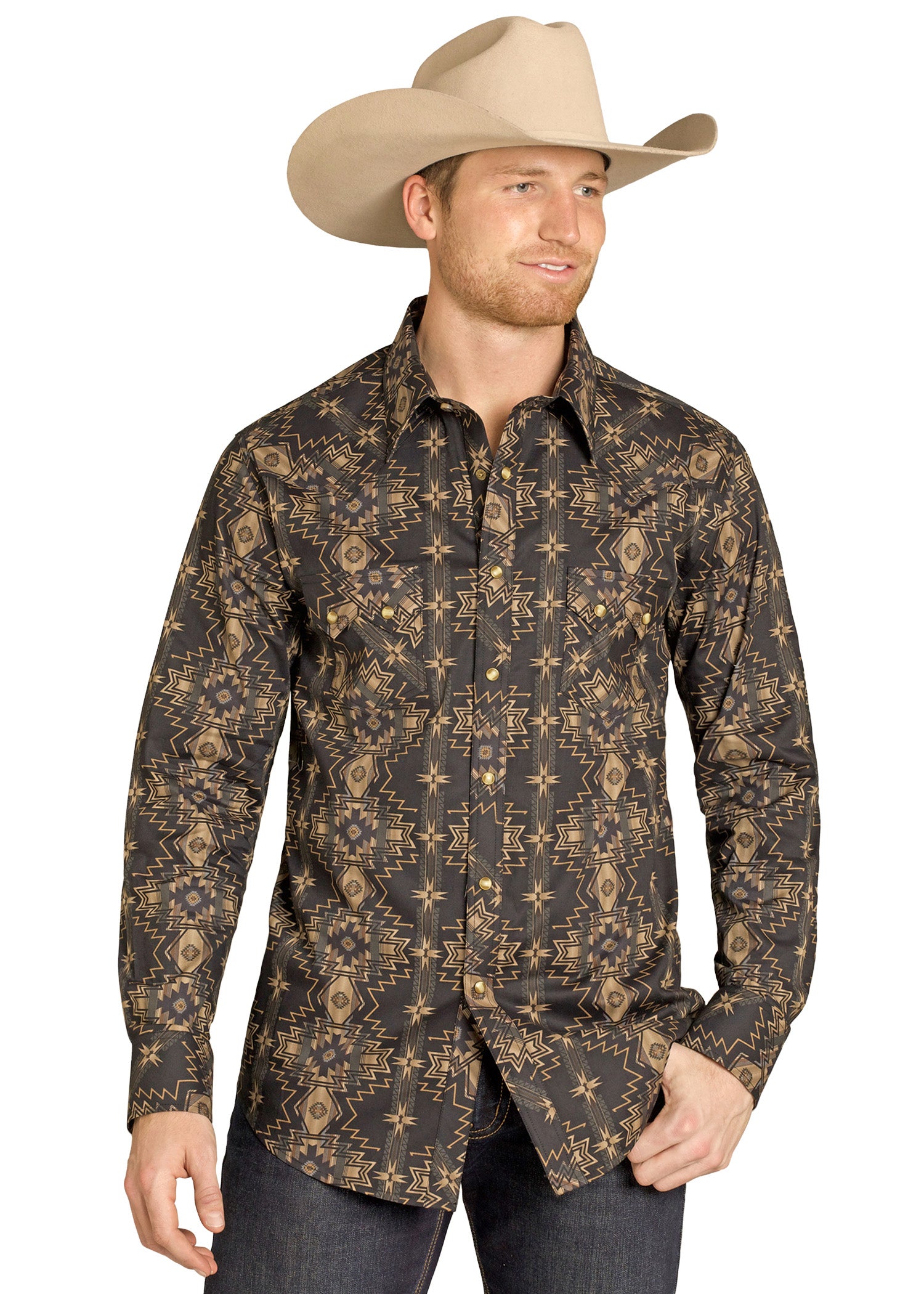 Men's Slim Fit Gold Aztec Long Sleeve Snap Shirt Men's Slim Fit Gold Aztec Long Sleeve Snap Shirt