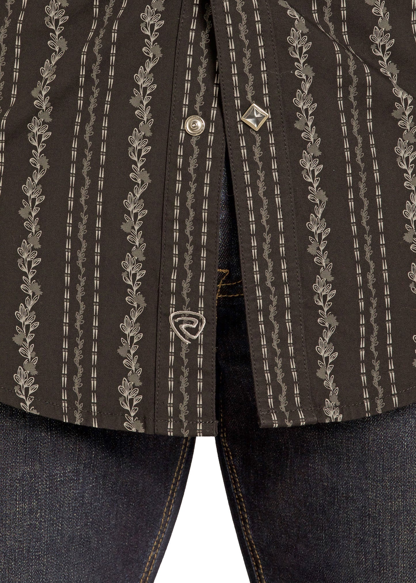 Close-up of a dark brown jacket with intricate patterns and buttons on a white background
