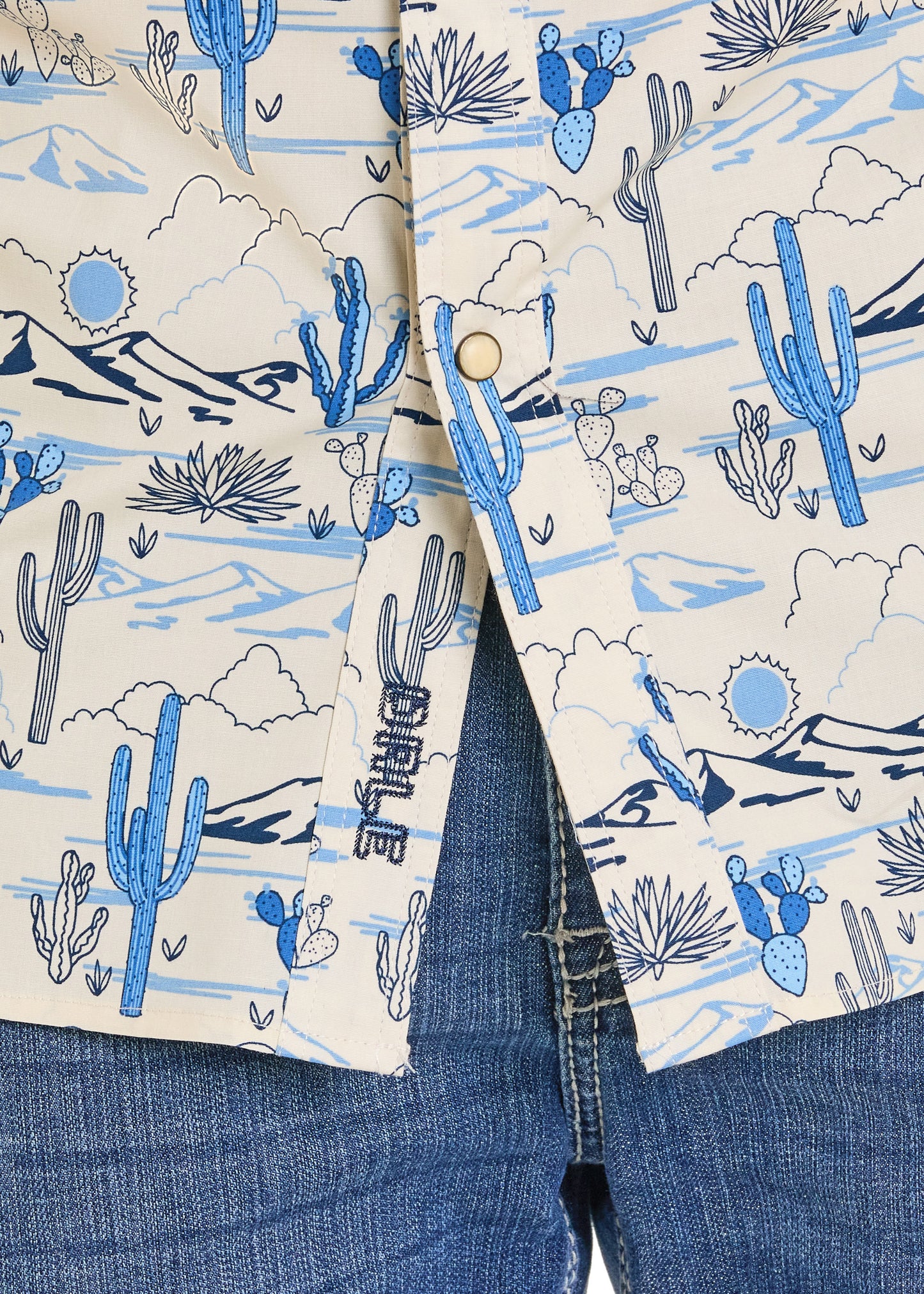 Two folded pieces of paper with desert landscape design featuring cacti and blue skies on a denim background.