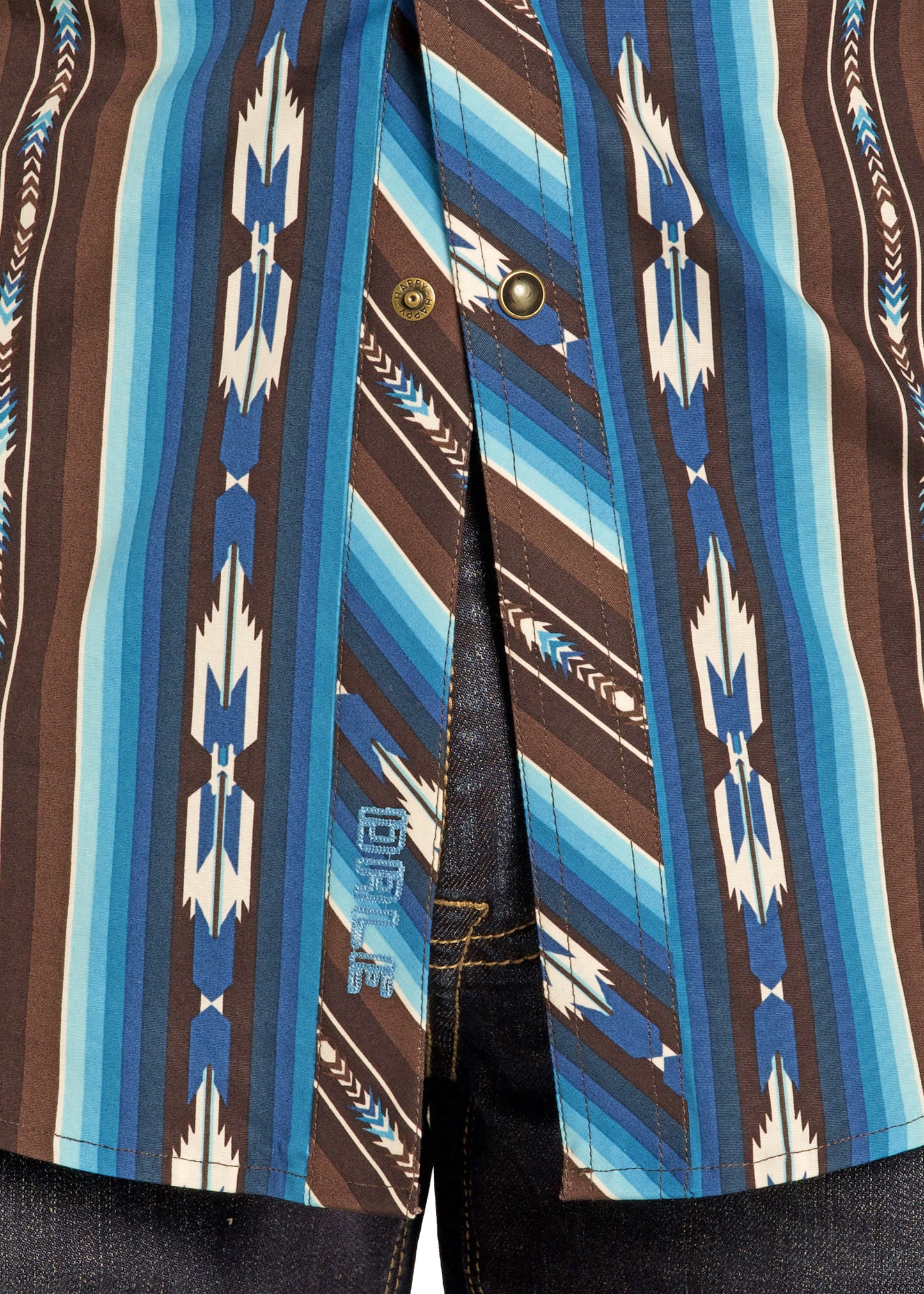 Close-up of a shirt with blue and brown pattern