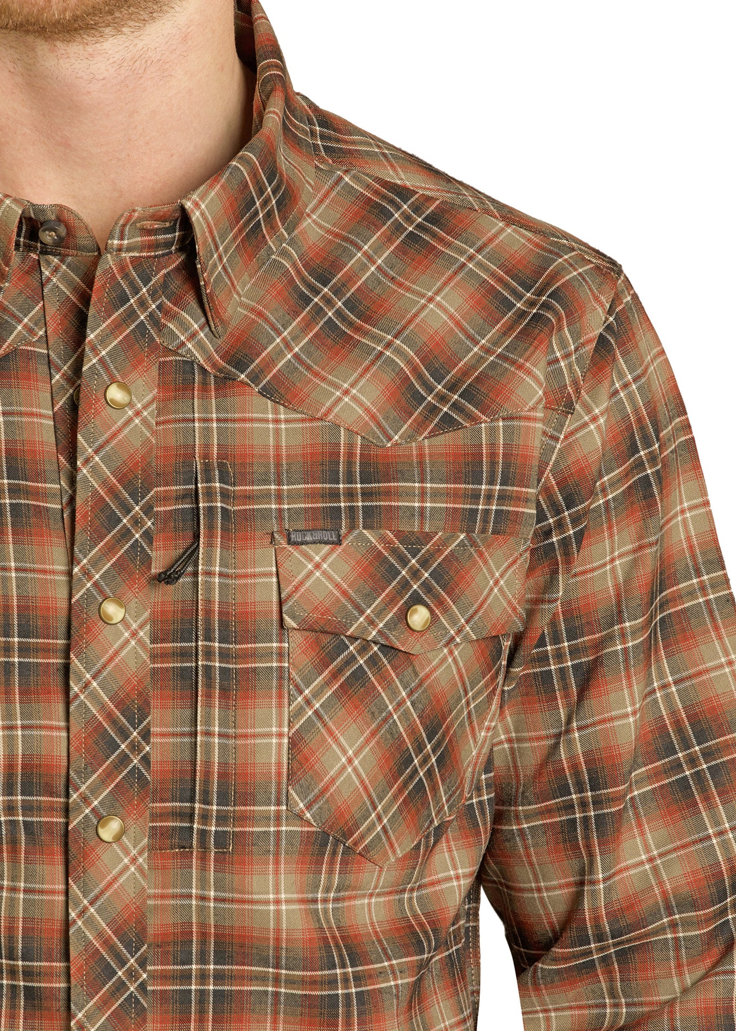 Plaid shirt with a visible brand logo on a white background