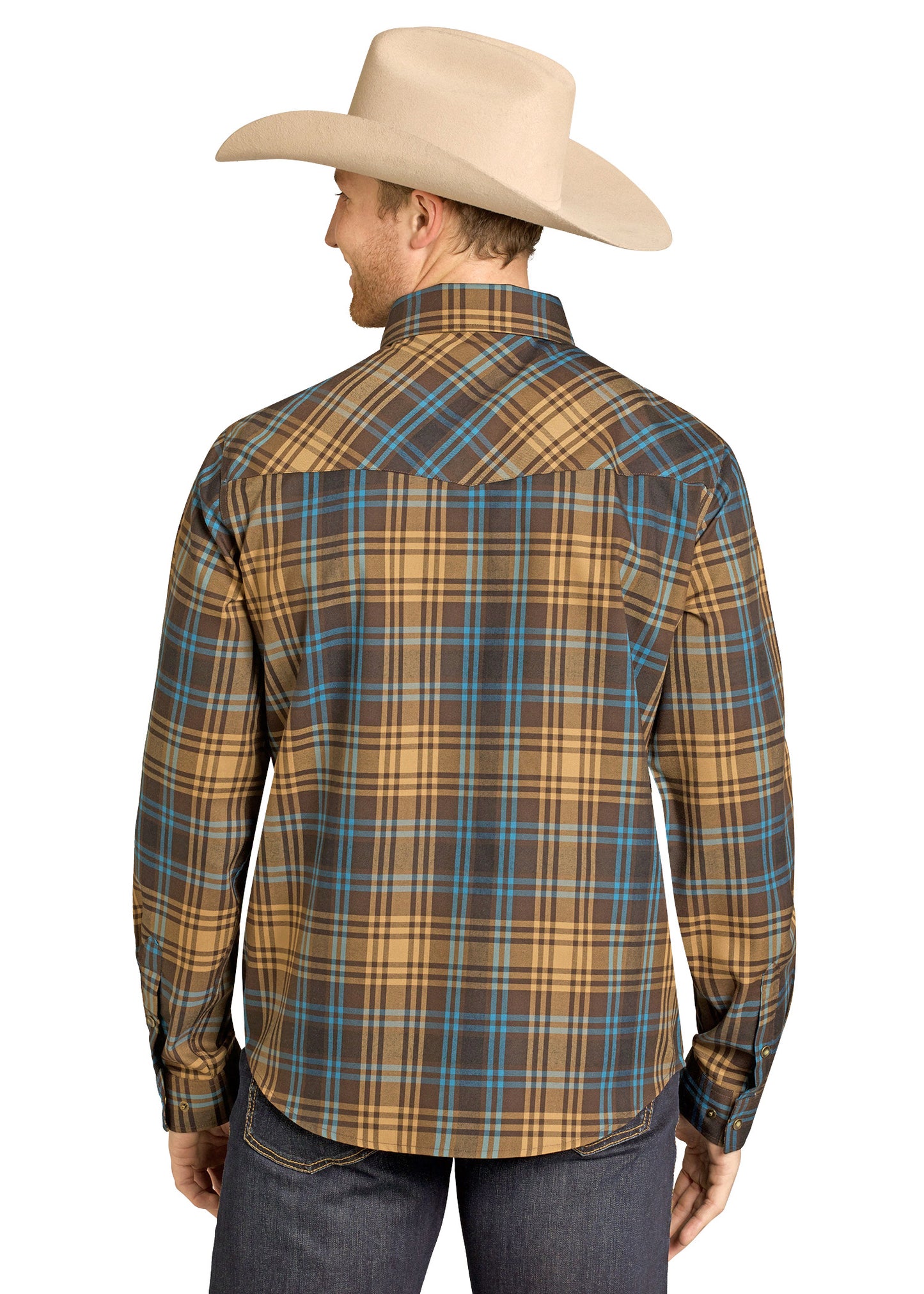 Man wearing a plaid shirt and cowboy hat on a white background