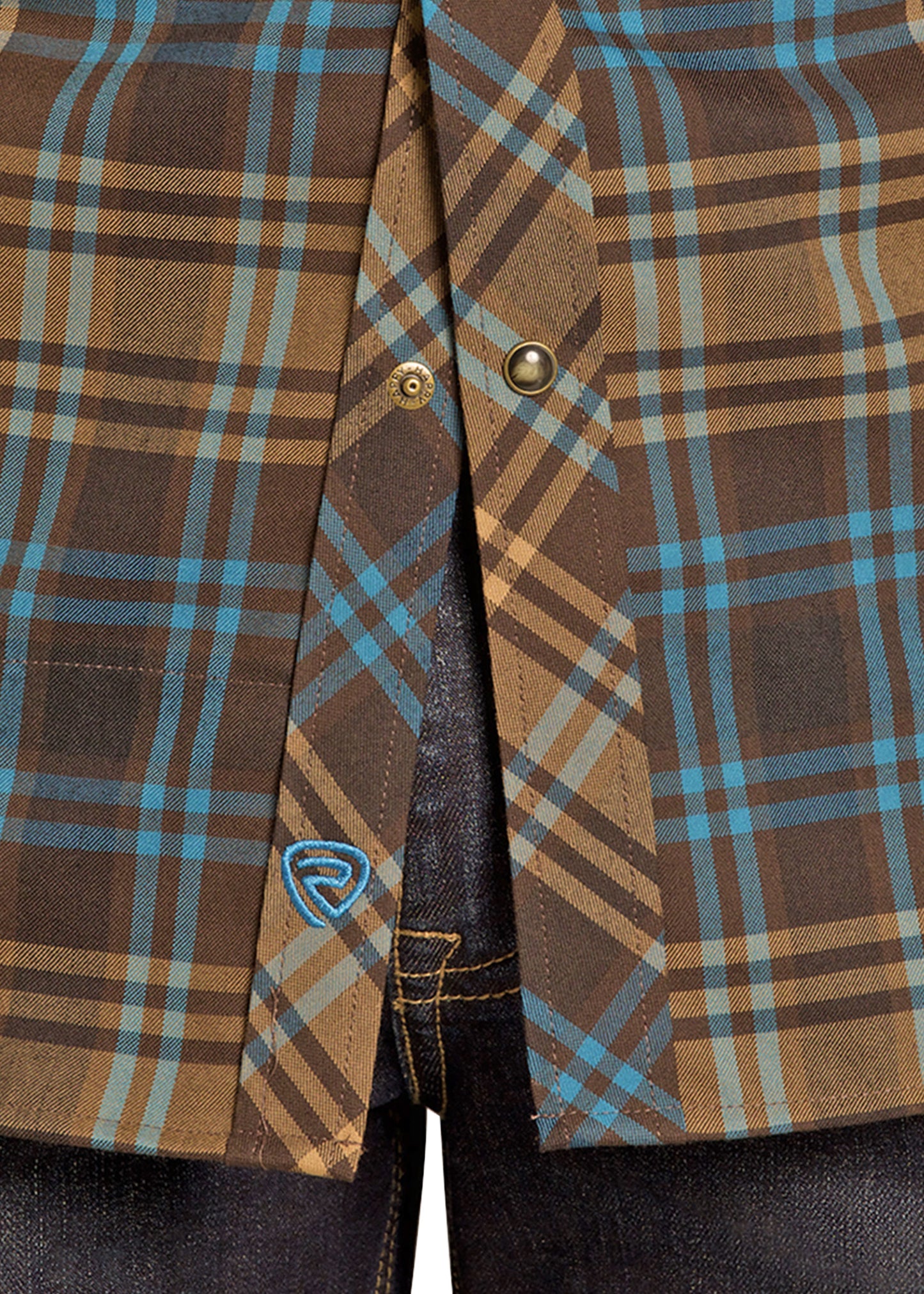 Close-up of a brown and blue plaid jacket with a brand logo on a white background