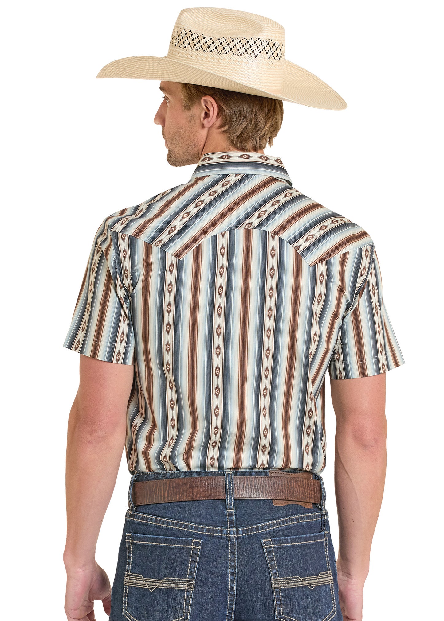Man wearing a patterned shirt and cowboy hat on a white background