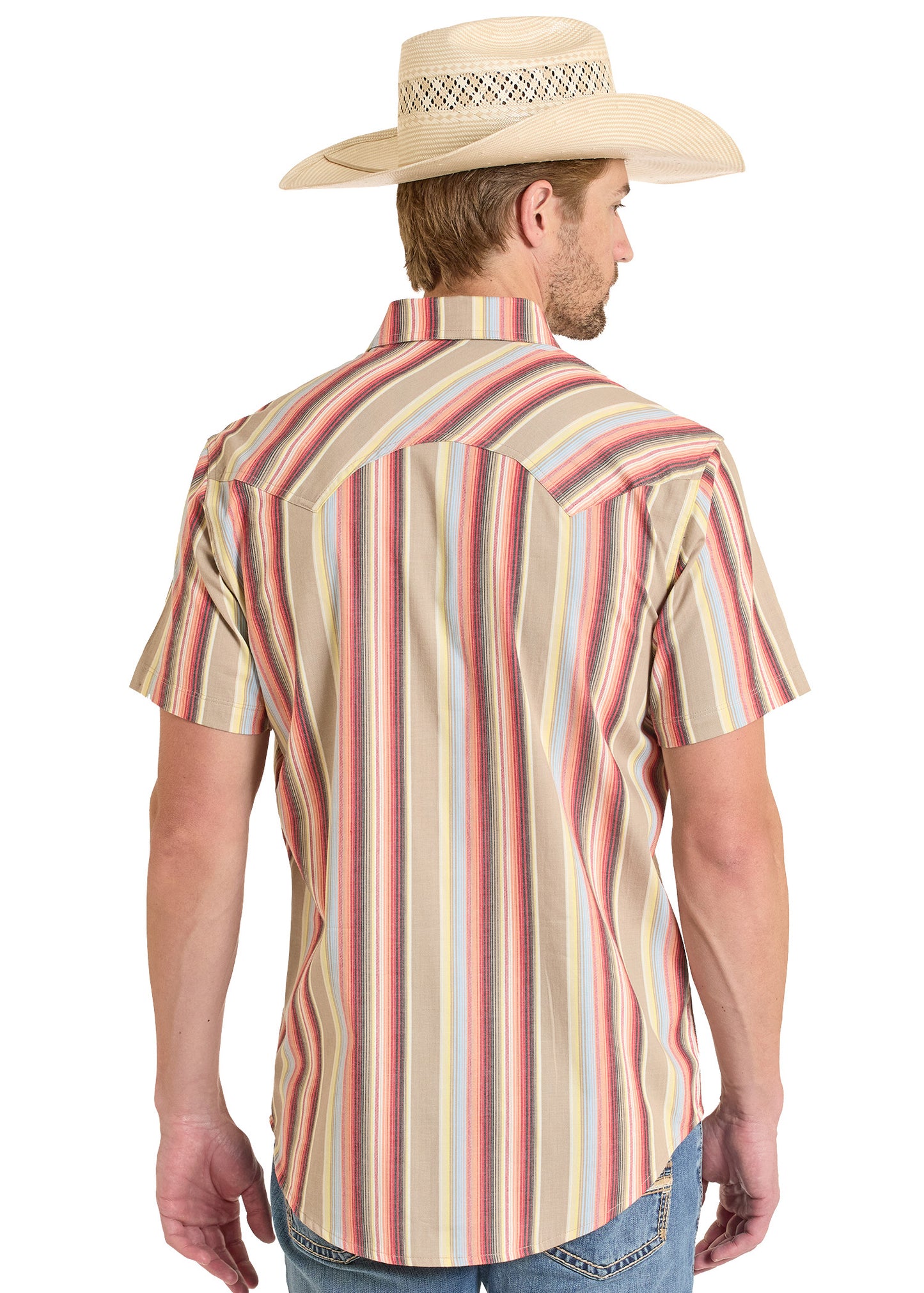 Man wearing a striped short-sleeve shirt and cowboy hat on a white background