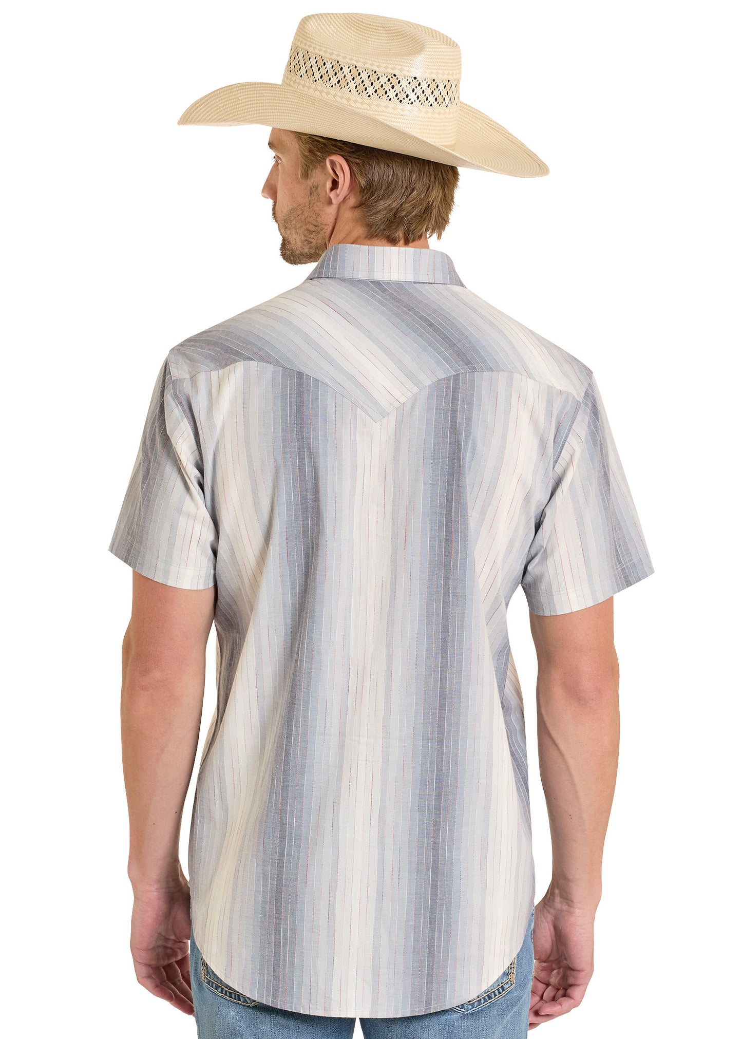 Man wearing a striped short-sleeve shirt and cowboy hat on a white background