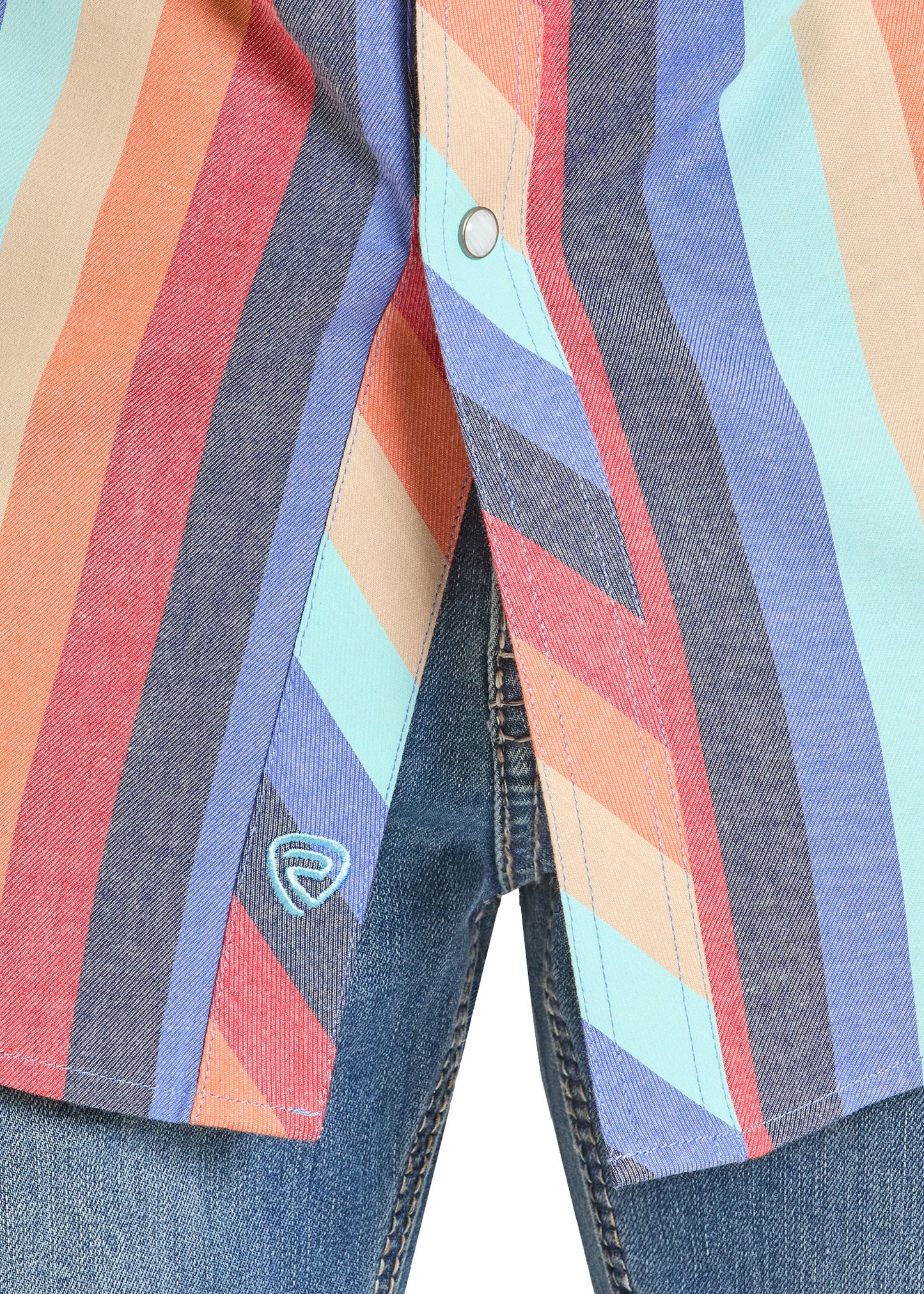 Close-up of a colorful striped shirt with a brand logo on a white background